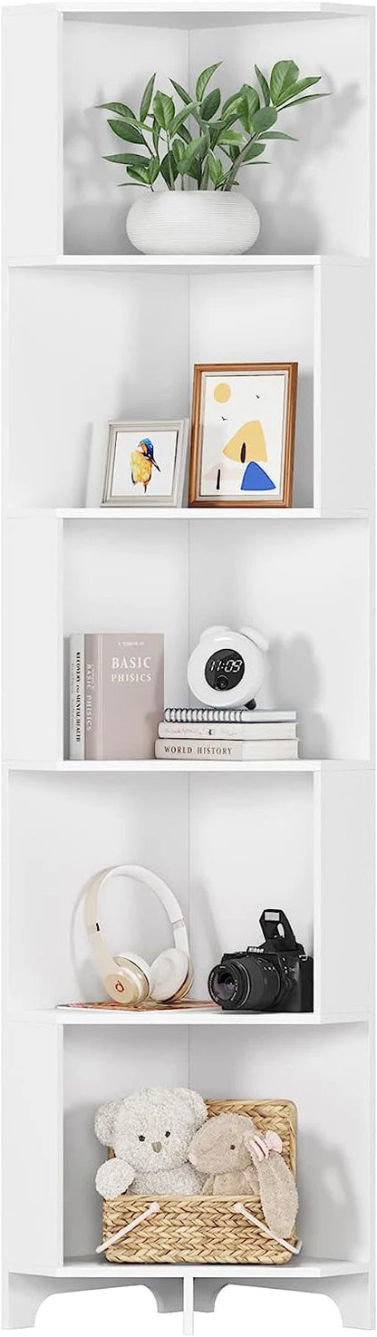 Bookshelf Corner Shelf Bookcase, Wooden 5-Tier Book Shelves Display Cabinet For Living Room,Bedroom,Bathroom, White