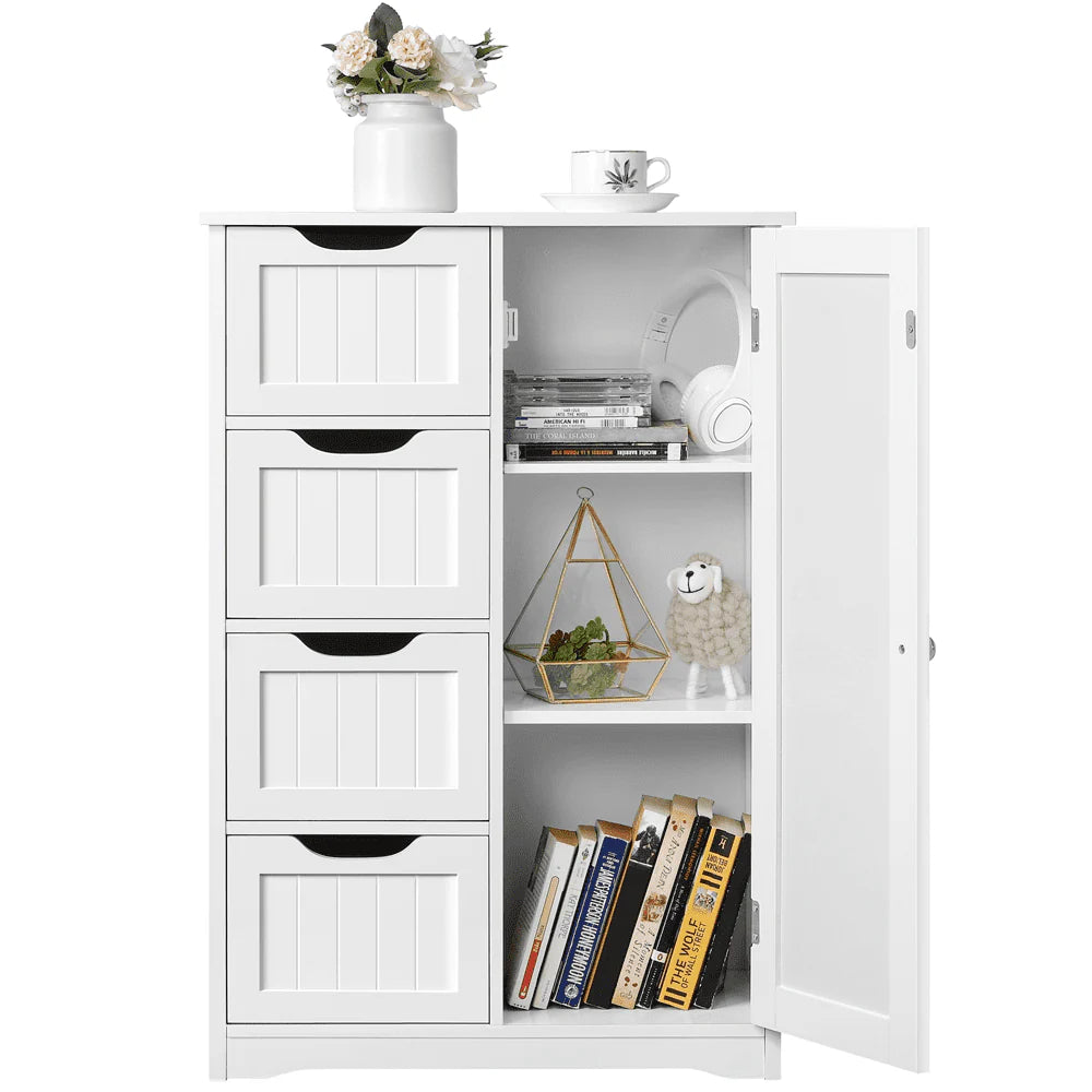 Yaheetech Wooden Cabinet Storage Unit with 4 Drawers & Cupboard for Bathroom, White