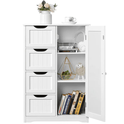 Yaheetech Wooden Cabinet Storage Unit with 4 Drawers & Cupboard for Bathroom, White