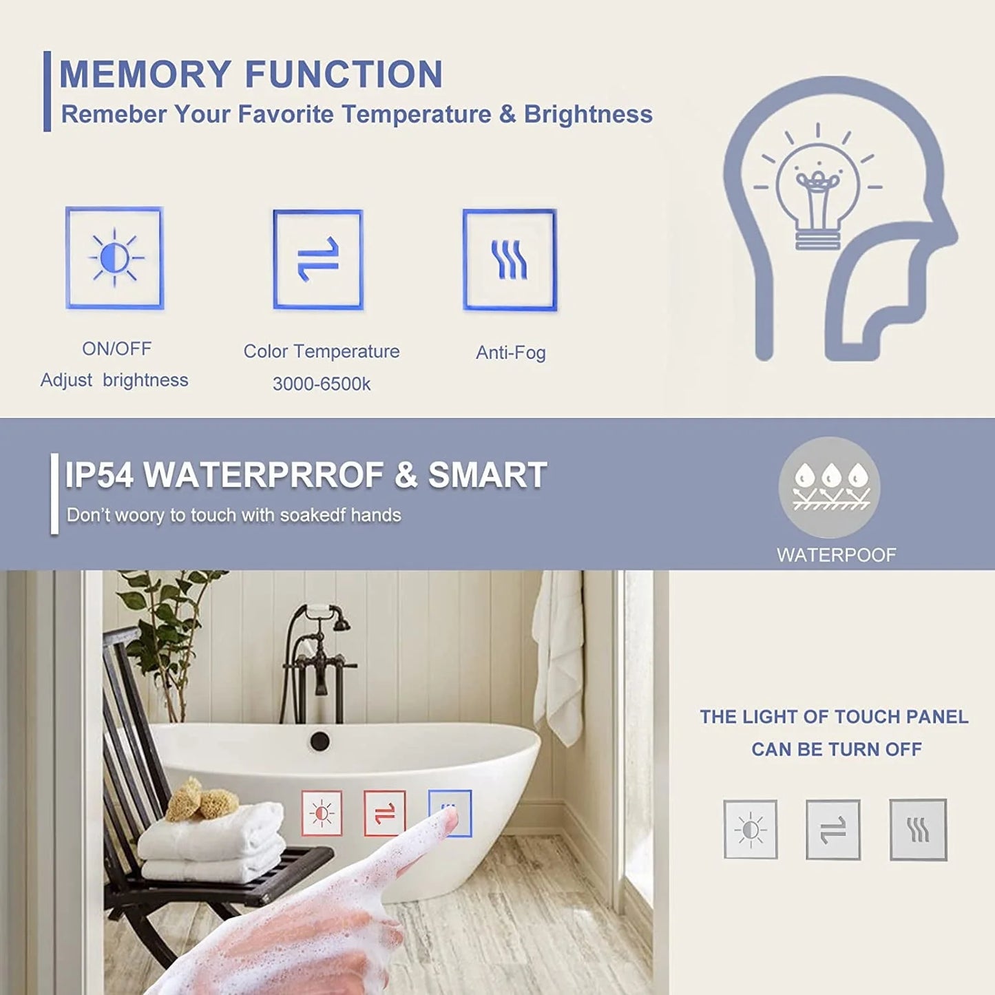 DURASPACE Bathroom Mirrors Wall Mirror Anti fog Mirror 48"x 32" with Waterproof Memory Function Touch Button, Rectangle (Vertical/Horizontal)