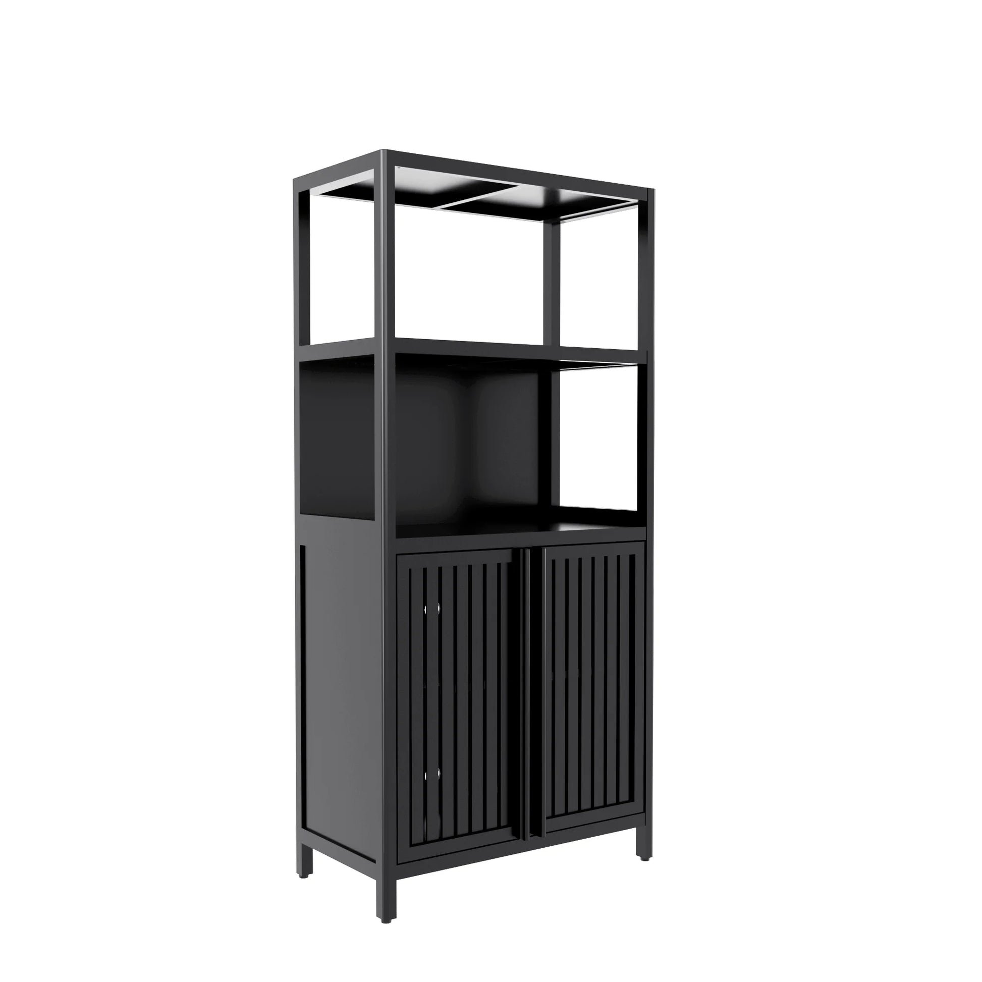 Yoneston 4-Tier Bamboo Bathroom Shelf Storage Cabinet, Freestanding Floor Cabinet with 2 Doors, Display Shelves for Living Room, Black
