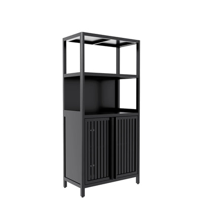 Yoneston 4-Tier Bamboo Bathroom Shelf Storage Cabinet, Freestanding Floor Cabinet with 2 Doors, Display Shelves for Living Room, Black