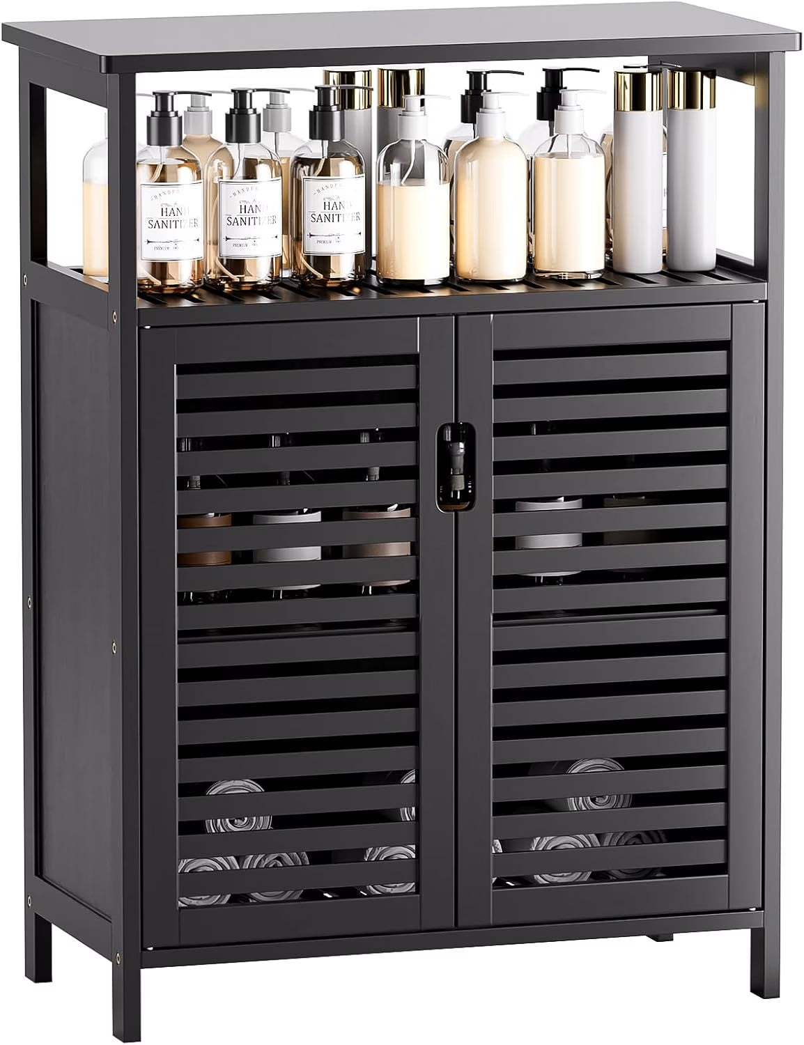 Bathroom Cabinet Freestanding, Bamboo Storage Cabinet 4-Tier Floor Cupboard with Door and Shelf for Bathroom, Kitchen, Hallway, Natural