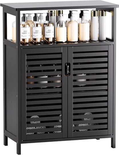 Bathroom Cabinet Freestanding, Bamboo Storage Cabinet 4-Tier Floor Cupboard with Door and Shelf for Bathroom, Kitchen, Hallway, Natural