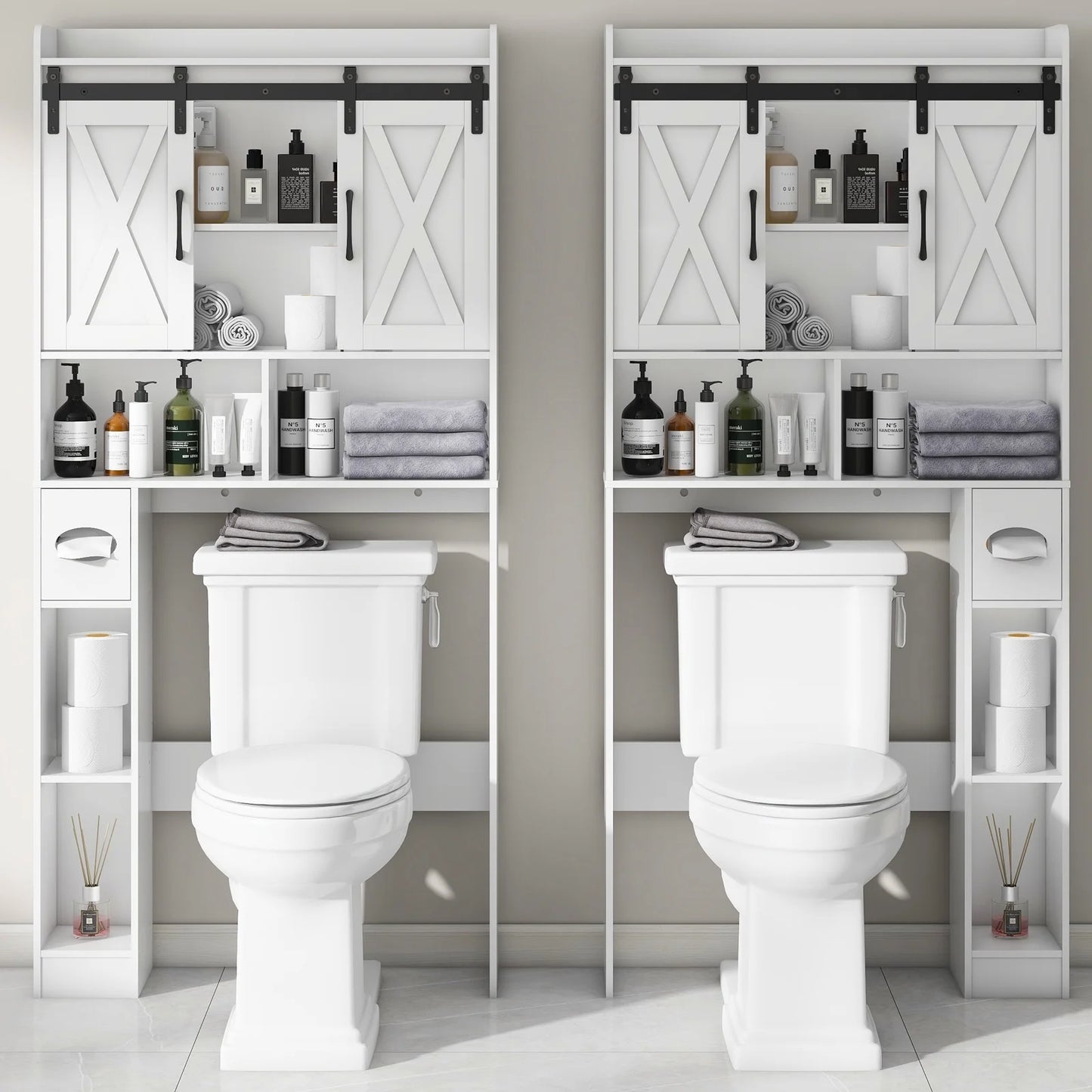 Over The Toilet Storage Cabinet, Farmhouse Storage Cabinet Over Toilet with Sliding Doors��Home Space-Saving Toilet Rack, for Bathroom, Restroom, Laundry