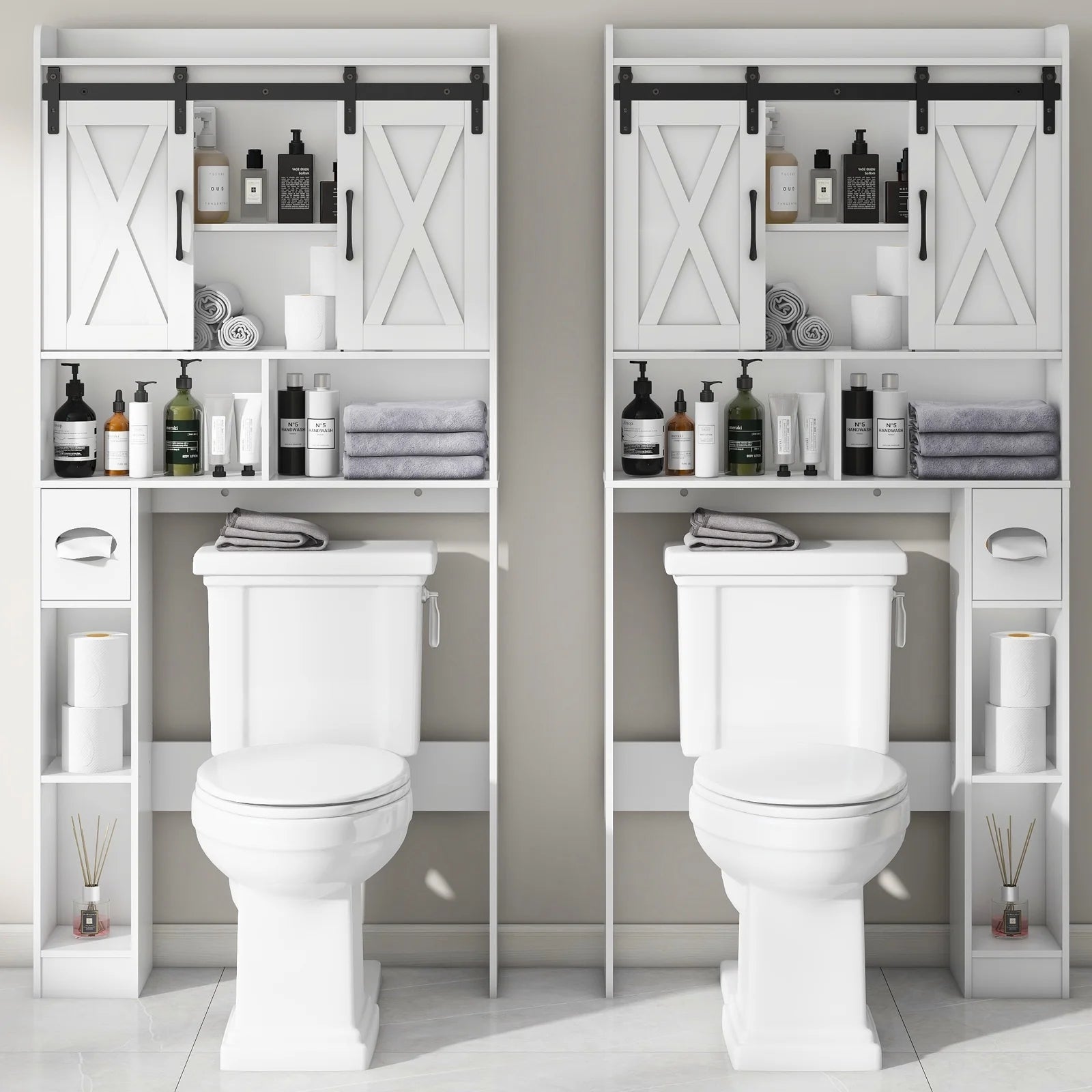Over The Toilet Storage Cabinet, Farmhouse Storage Cabinet Over Toilet with Sliding Doors��Home Space-Saving Toilet Rack, for Bathroom, Restroom, Laundry