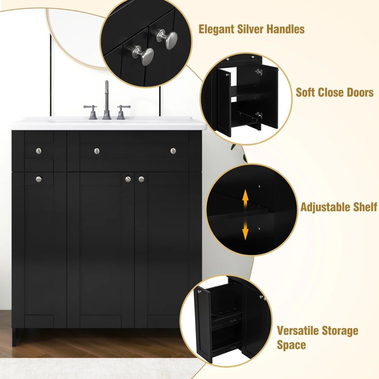 30" Bathroom Vanity with Sink Combo Wall Mounted Storage Cabinet Set with Soft Close Drawers, Modern Design with Invisible Handle, Resin Basin Sink Top, Gray