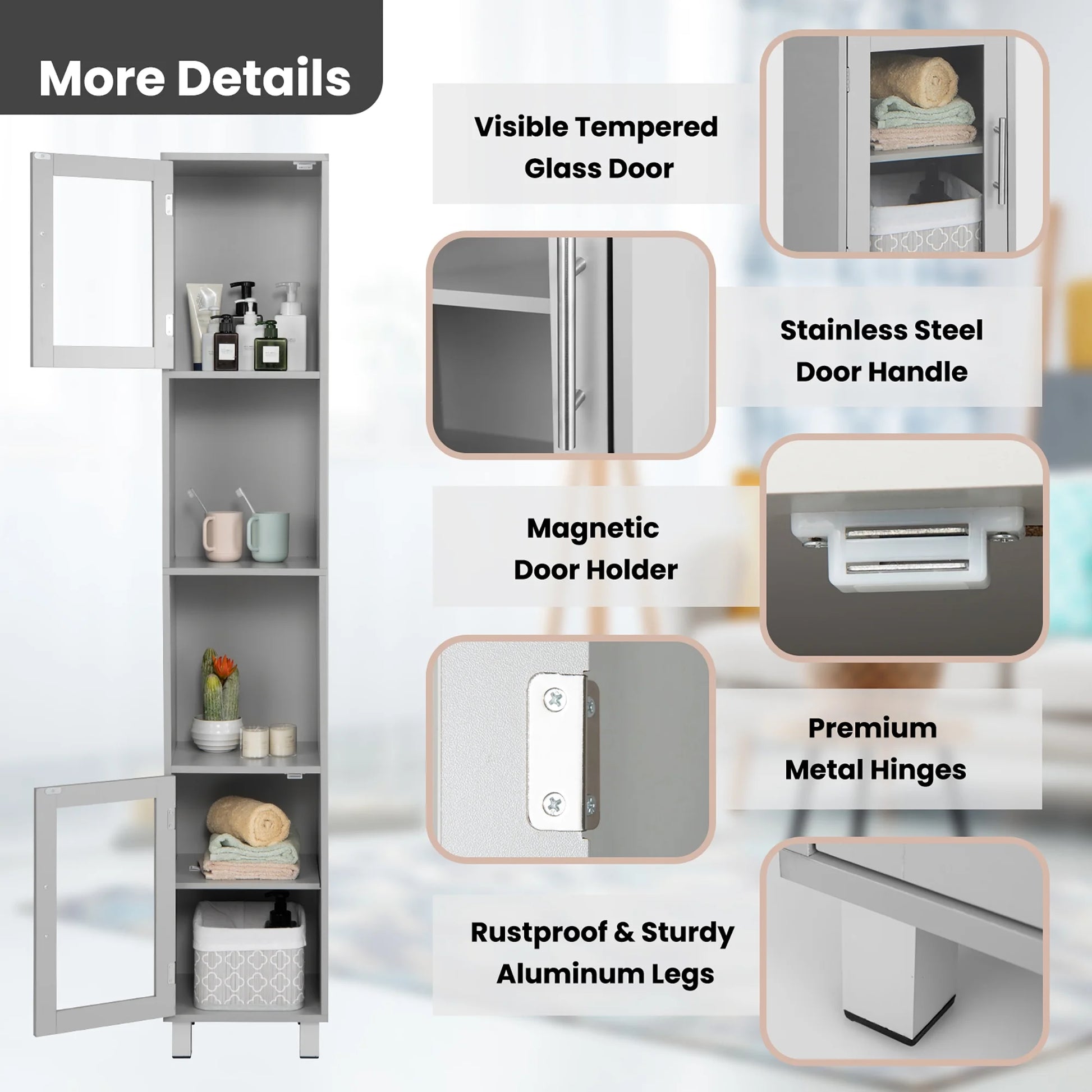 Costway 71'' Tall Tower Bathroom Storage Cabinet Organizer Display Shelves Bedroom Grey