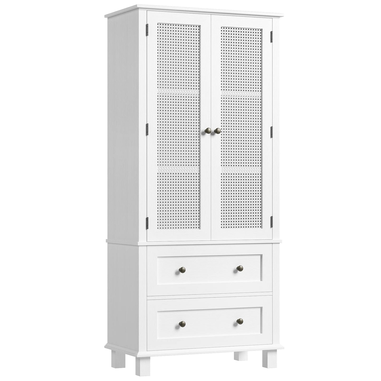 Homfa Bathroom Cabinet with Rattan Doors, Rattan Linen Storage Cabinet with 2 Drawers, Oak