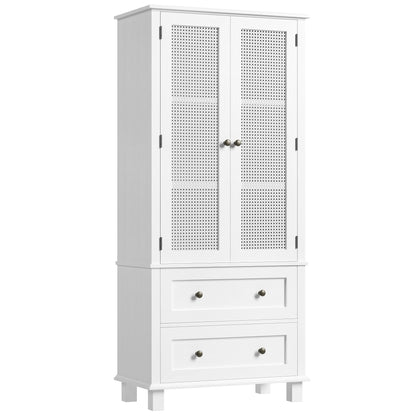 Homfa Bathroom Cabinet with Rattan Doors, Rattan Linen Storage Cabinet with 2 Drawers, Oak