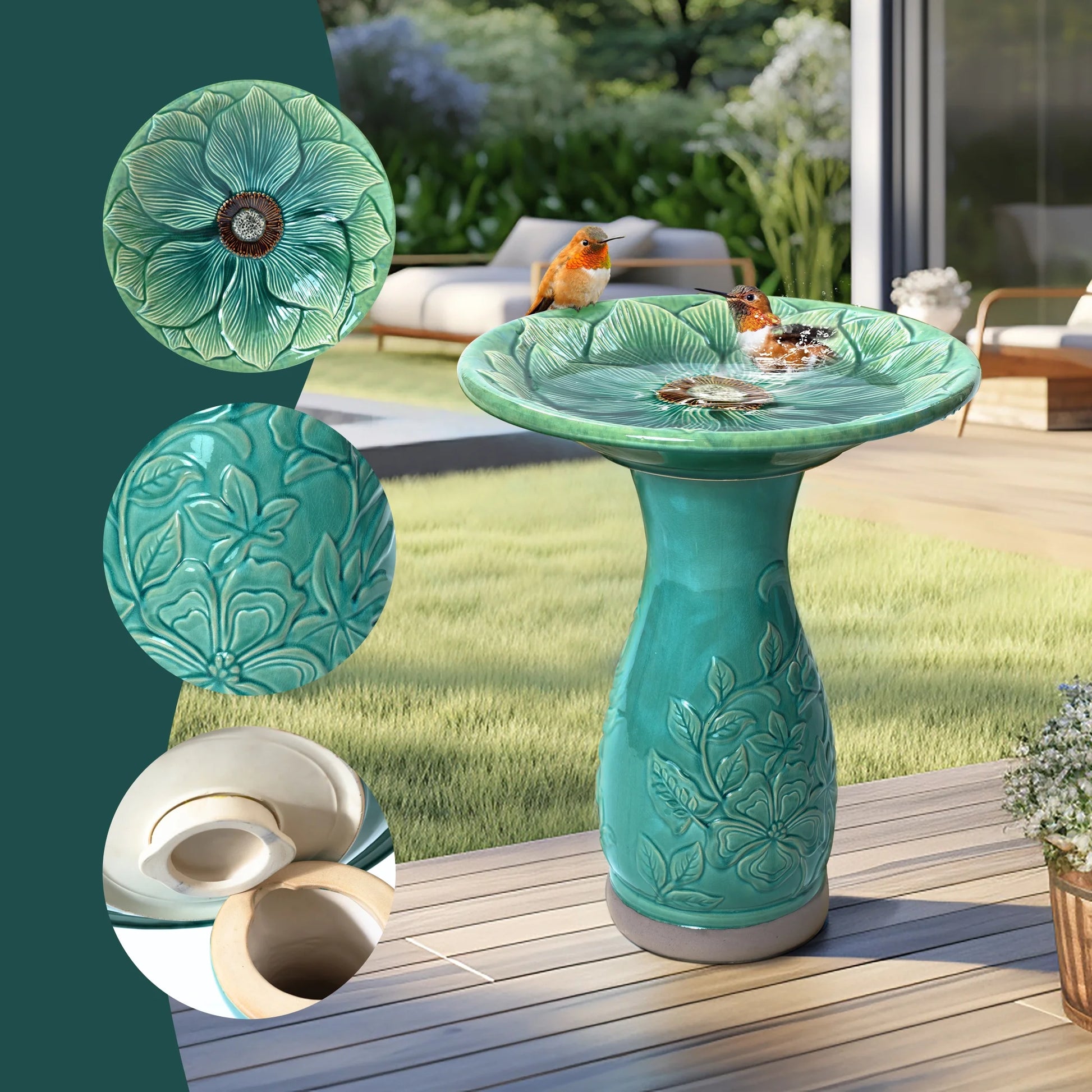 LuxenHome 23 Inch Ceramic Bird Bath for Outside, Elegant Tall Outdoor BirdBath with Floral Embossed Design