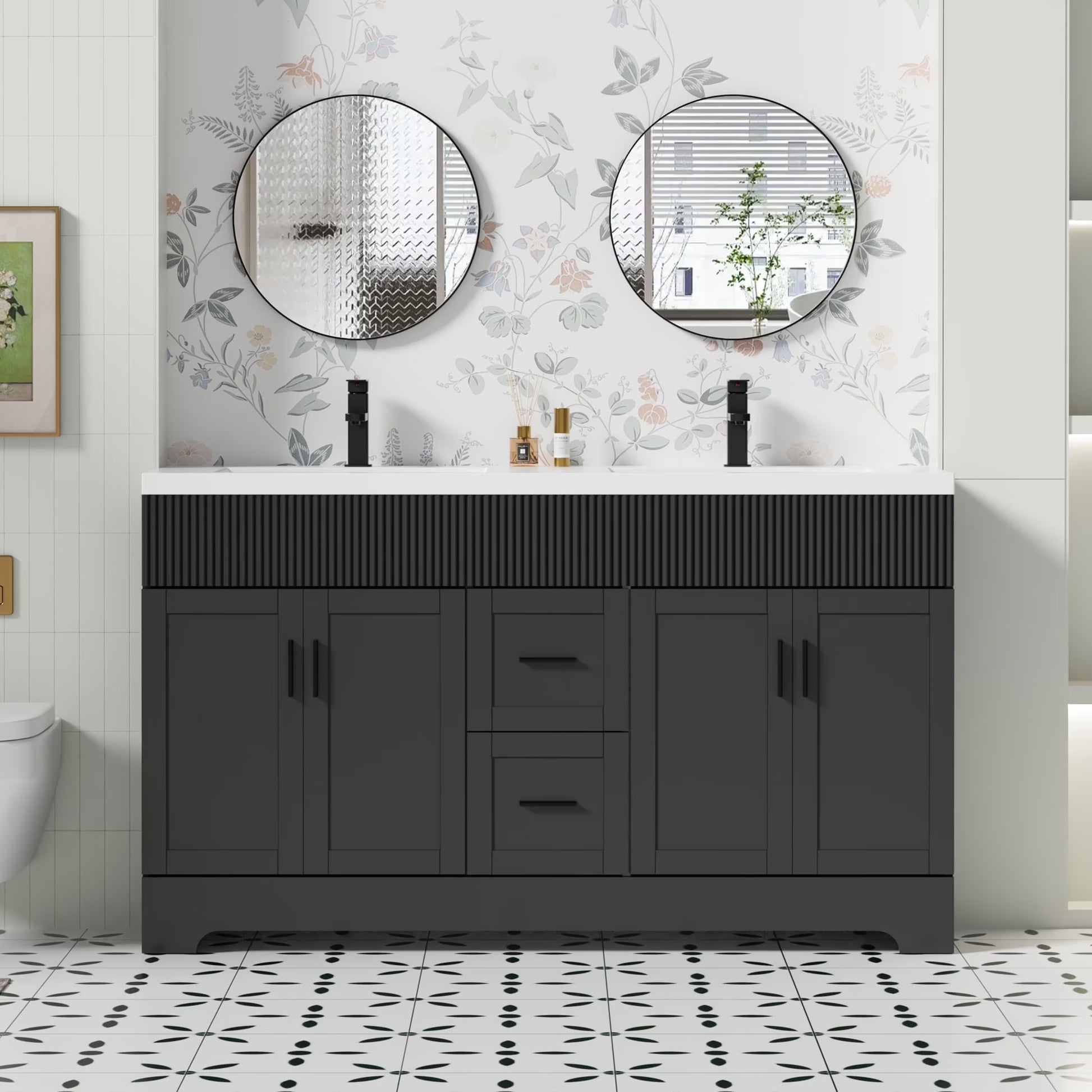 Eclife 60" Double Sink Bathroom Vanity with Resin Sink Top and Zinc Alloy Faucet