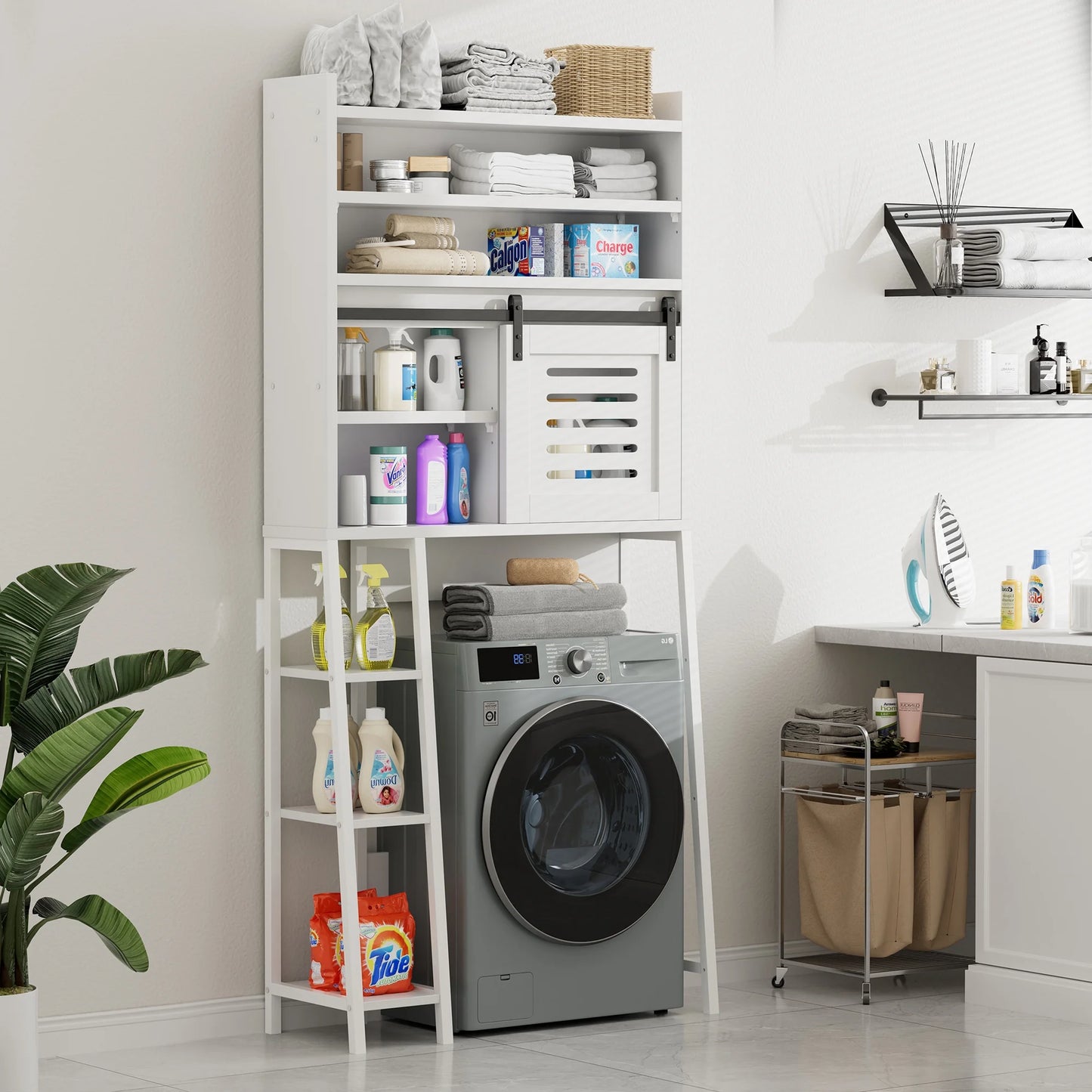 Walsunny Over the Toilet Storage Cabinet with Sliding Barn Door Side Shelves Bathroom Restroom Toilet Shelf Organizer Rack Space Saver Freestanding White