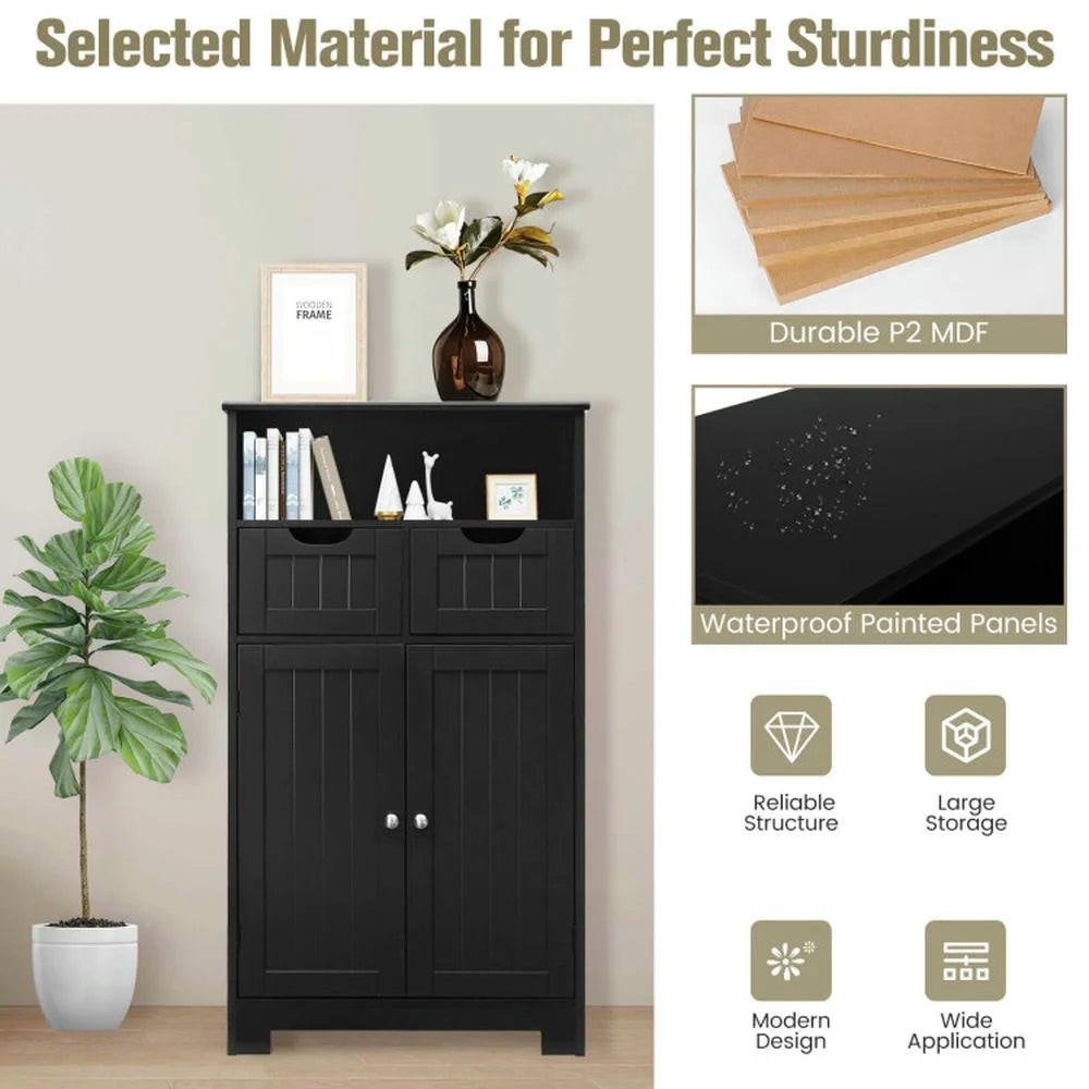 Spaco Bathroom Wooden Side Cabinet with 2 Drawers and 2 Doors-Black, Bathroom Storage Cabinet for Entryway Storage, Home Office Furniture