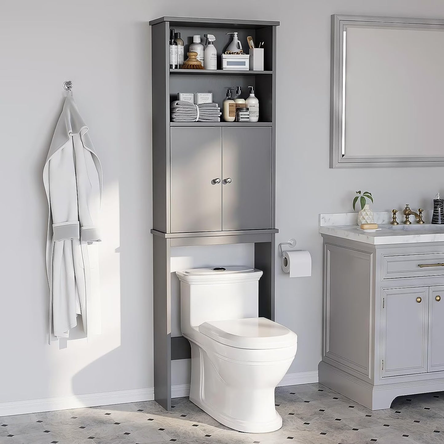 Sobaniilo Over The Toilet Storage Cabinet for Bathroom, Storage Organizer Over Toilet, Space Saver W/Adjustable Shelf & Open Storage Shelf, 75in, White