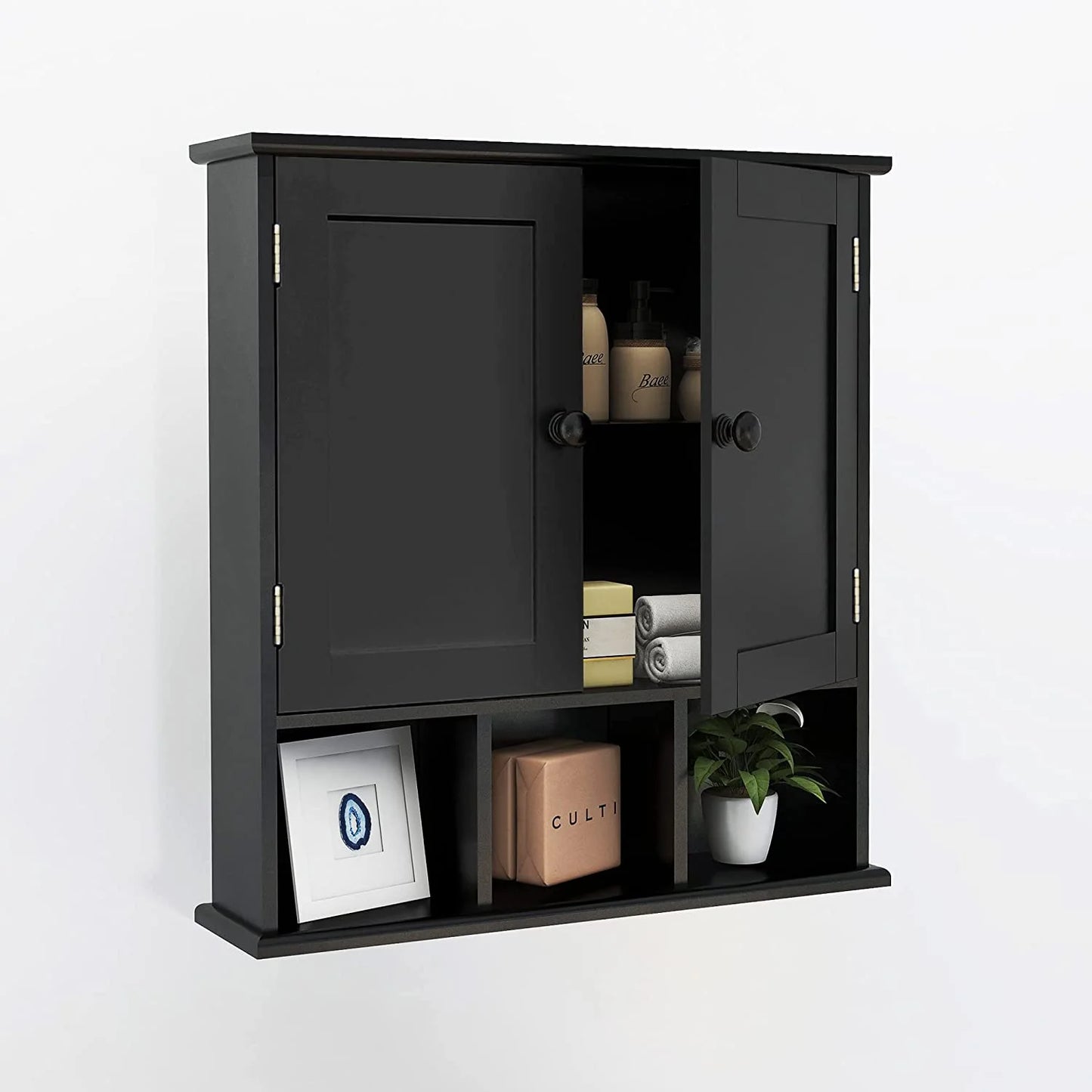 Black Bathroom Cabinet, Wall Mounted 2 Door Storage With Adjustable Shelves, Over The Toilet Medicine Cabinet for Laundry Room Kitchen