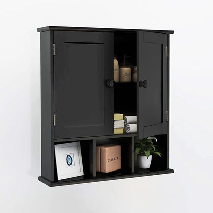Black Bathroom Cabinet, Wall Mounted 2 Door Storage With Adjustable Shelves, Over The Toilet Medicine Cabinet for Laundry Room Kitchen