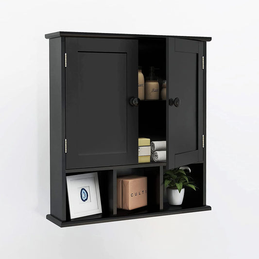 Black Bathroom Cabinet, Wall Mounted 2 Door Storage With Adjustable Shelves, Over The Toilet Medicine Cabinet for Laundry Room Kitchen