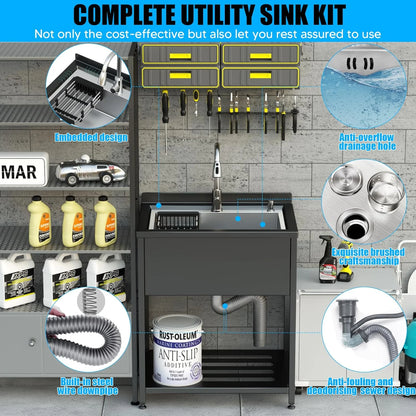 Stainless Steel Utility Sink, 30.8" × 22" × 39.5"Freestanding Sink with Cold and Hot Water Faucet,Hoses and Drain Kit for Kitchens, Bathrooms, Garage, Laundry Room