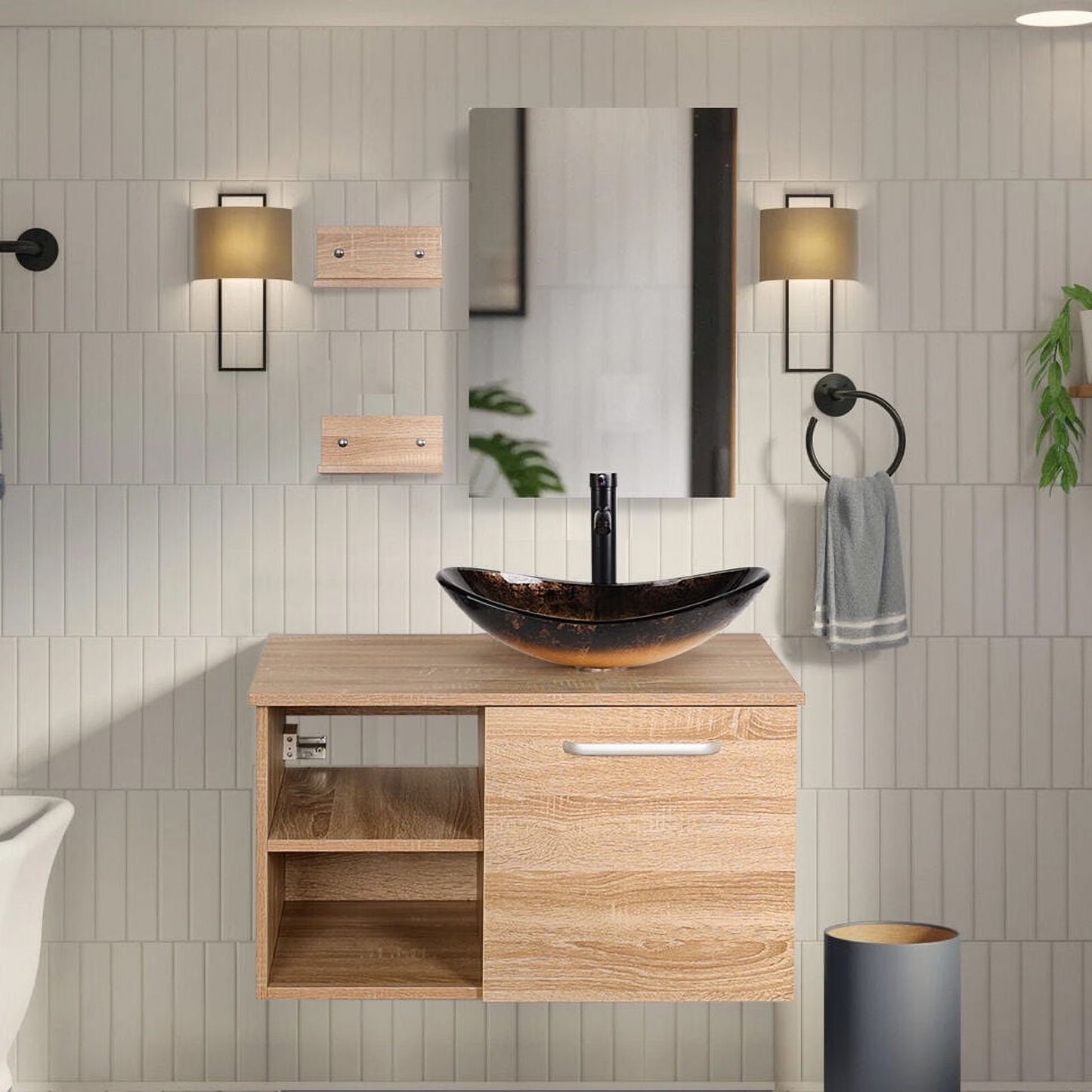 FULLWATT 28 Inch Modern Bathroom Vanity Set with Mirror Wall Mount Wood Color Cabinet Glass Sink Chrome Faucet and Pop Up Drain