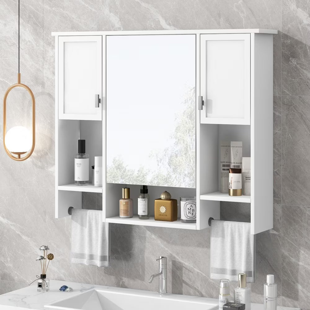 IVV Wall Mounted Bathroom Cabinet with Mirror, Modern Over The Toilet Storage Cabinet, White Medicine Cabinet Organizer with 3 Doors, 2 Towel Bars, Open Storage & Adjustable Shelves