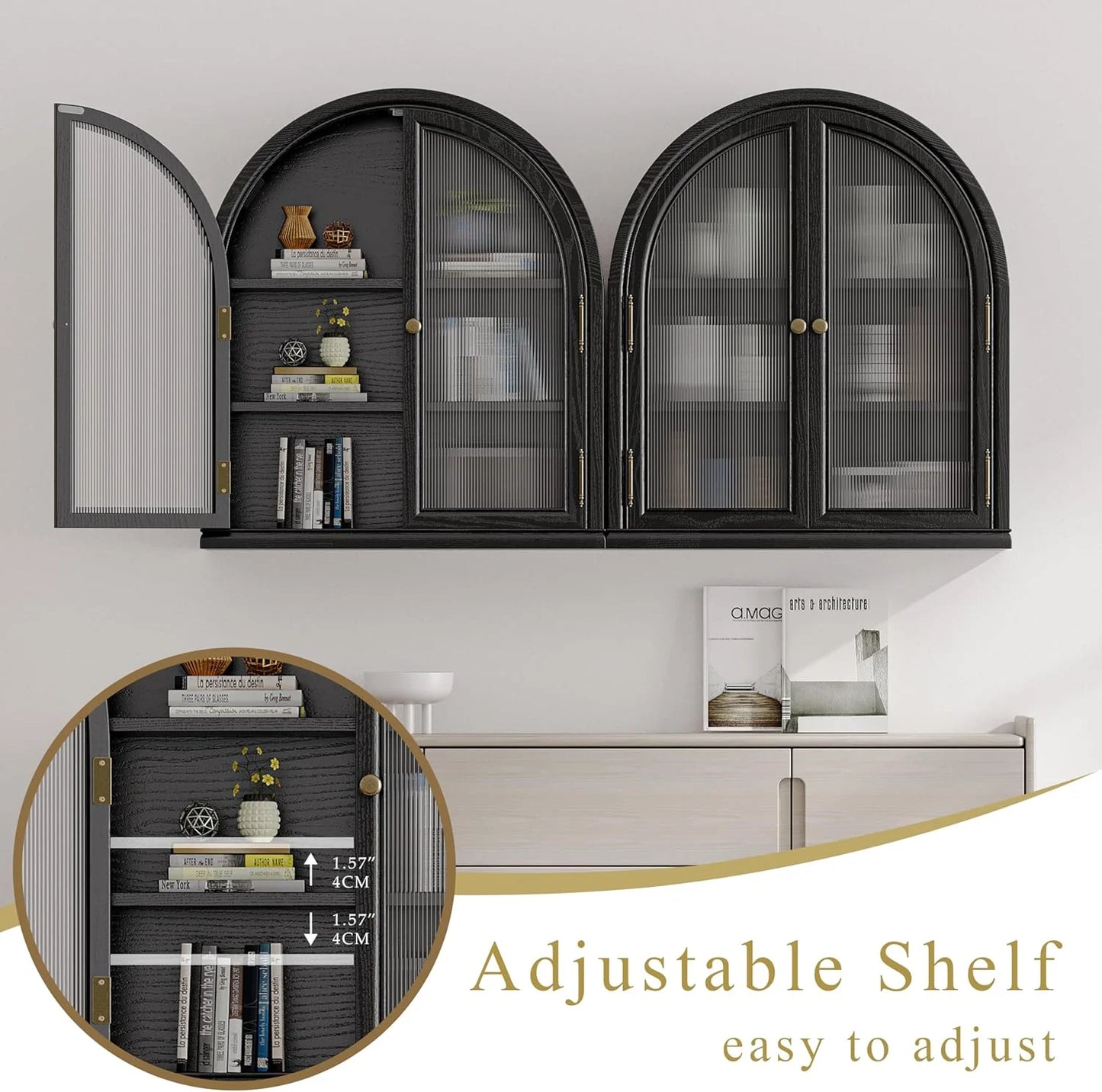 ANHDAH Arched Wall Cabinet Over Toilet, 2-Door Modern Medicine Storage with 2 Shelves. Space-Saving Mounted Organizer for Bathroom Towels & Cosmetics.