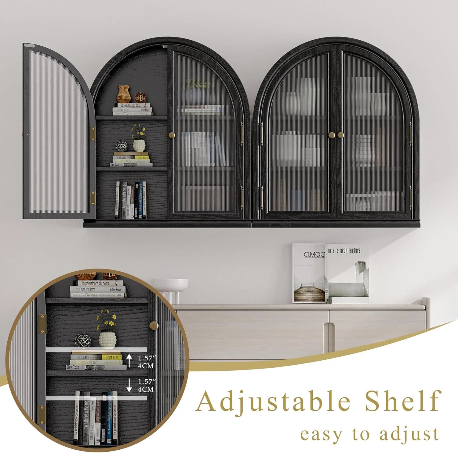 ANHDAH Arched Wall Cabinet Over Toilet, 2-Door Modern Medicine Storage with 2 Shelves. Space-Saving Mounted Organizer for Bathroom Towels & Cosmetics.