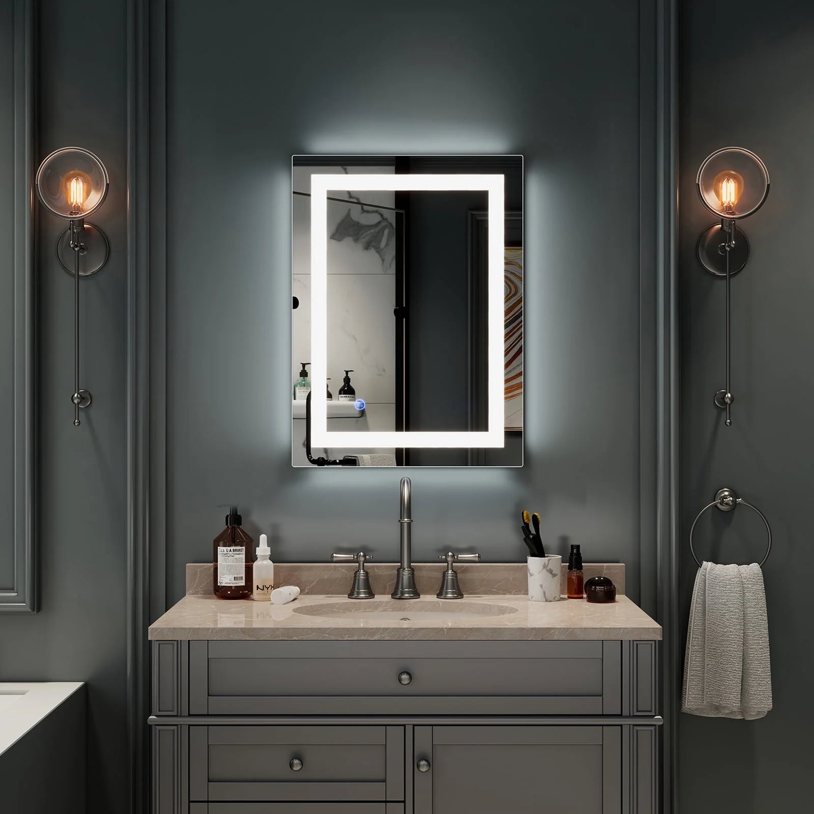 Ktaxon 28x20 inch LED Lighted Bathroom Mirror Silvered Wall Mounted Mirror with Touch Button,Anti Fog and IP67 Waterproof Square Mirror