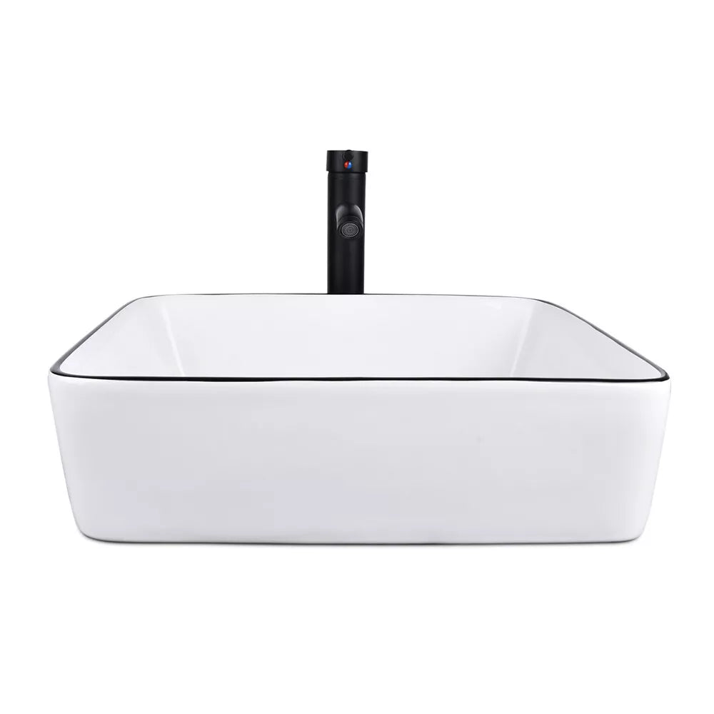 FULLWATT Bathroom Ceramic Sink Vanity Vessel Basin Porcelain Faucet Drain Combo Rectangle,White