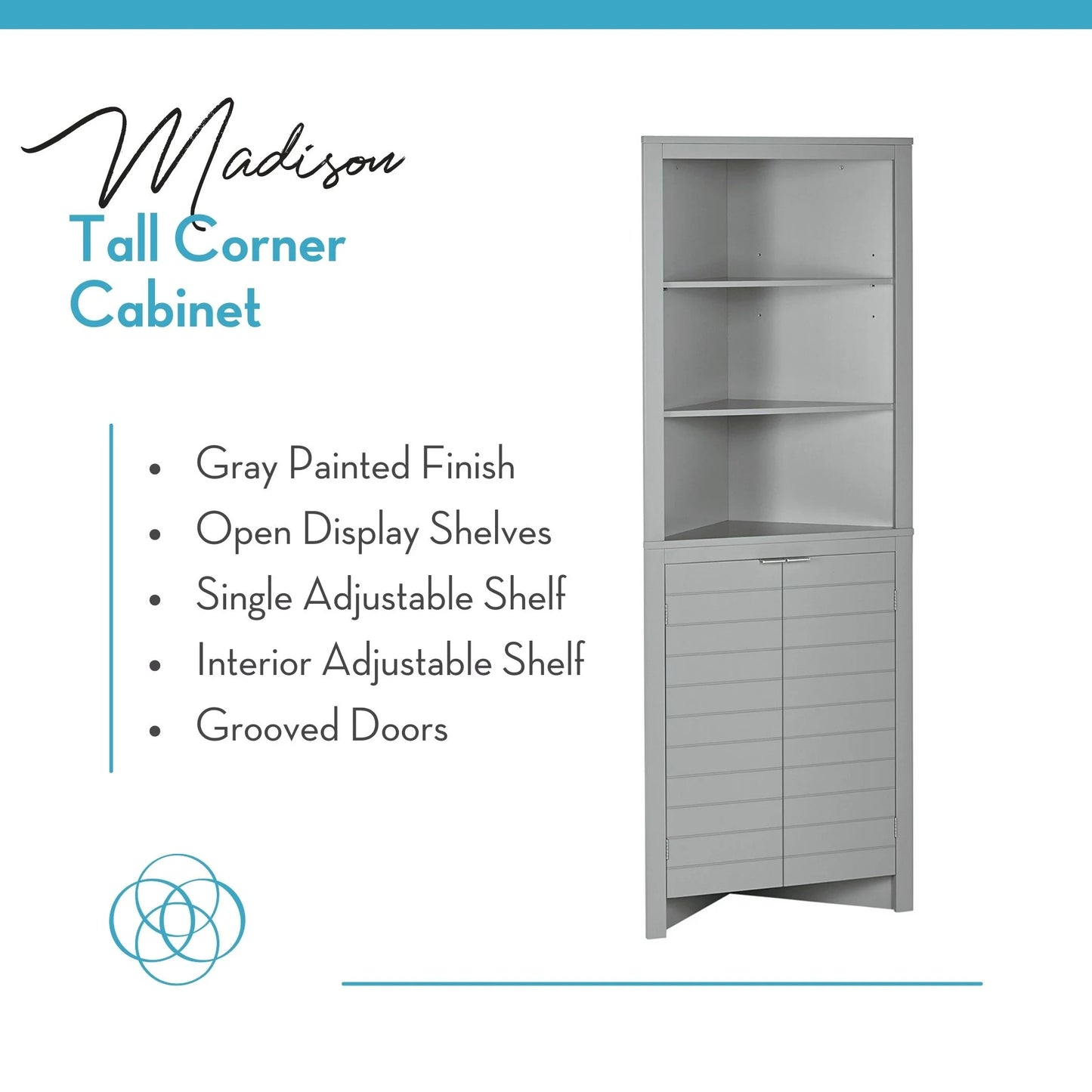 RiverRidge Madison Tall Corner Bathroom Linen Storage Cabinet with Open Shelves - Gray