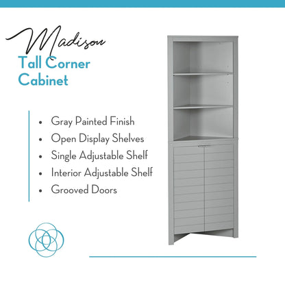 RiverRidge Madison Tall Corner Bathroom Linen Storage Cabinet with Open Shelves - Gray