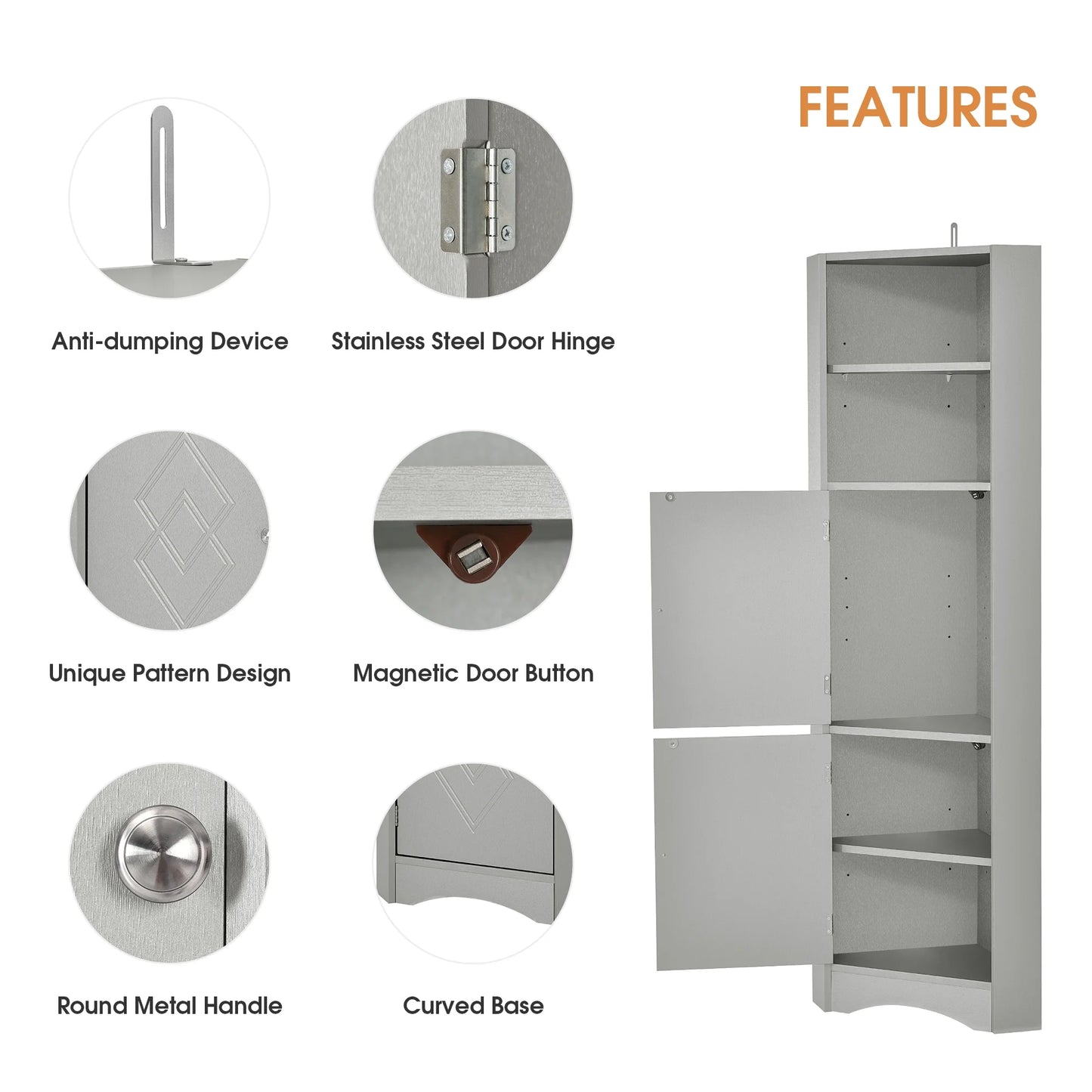 Harper & Bright Designs Bathroom Corner Cabinet Tall Bathroom Storage Floor Cabinet Freestanding Storage Cabinet with Doors and Adjustable Shelves, Gray