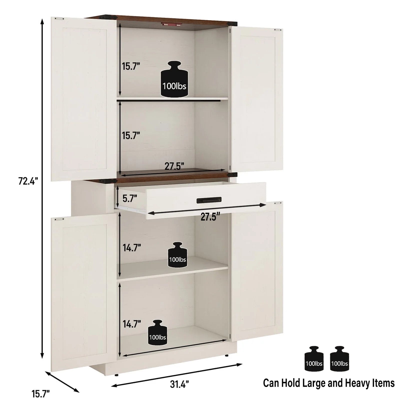 72" Tall Farmhouse Kitchen Pantry Cabinet w/1 Drawer & 4 Roomy Storage Shelves, Versatile Wood Storage Cabinet with 4 Barn Door & Adjustable Shelves & for Dining Room Bathroom Utility Room