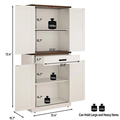 72" Tall Farmhouse Kitchen Pantry Cabinet w/1 Drawer & 4 Roomy Storage Shelves, Versatile Wood Storage Cabinet with 4 Barn Door & Adjustable Shelves & for Dining Room Bathroom Utility Room