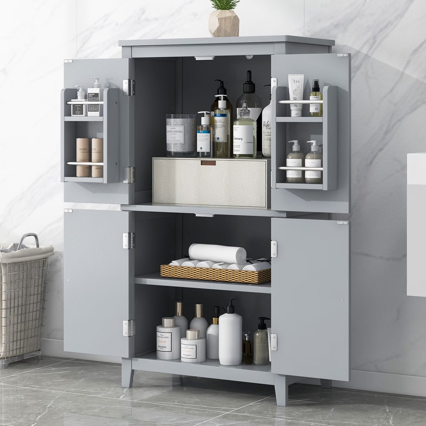 Bellemave Bathroom Floor Storage Cabinet with 4 Doors and Adjustable Shelf Freestanding Cabinet Multifunctional Small Storage Organizer for Living Room 23.6�?x 11.8�?x 43.3�?(White, 4 Doors)