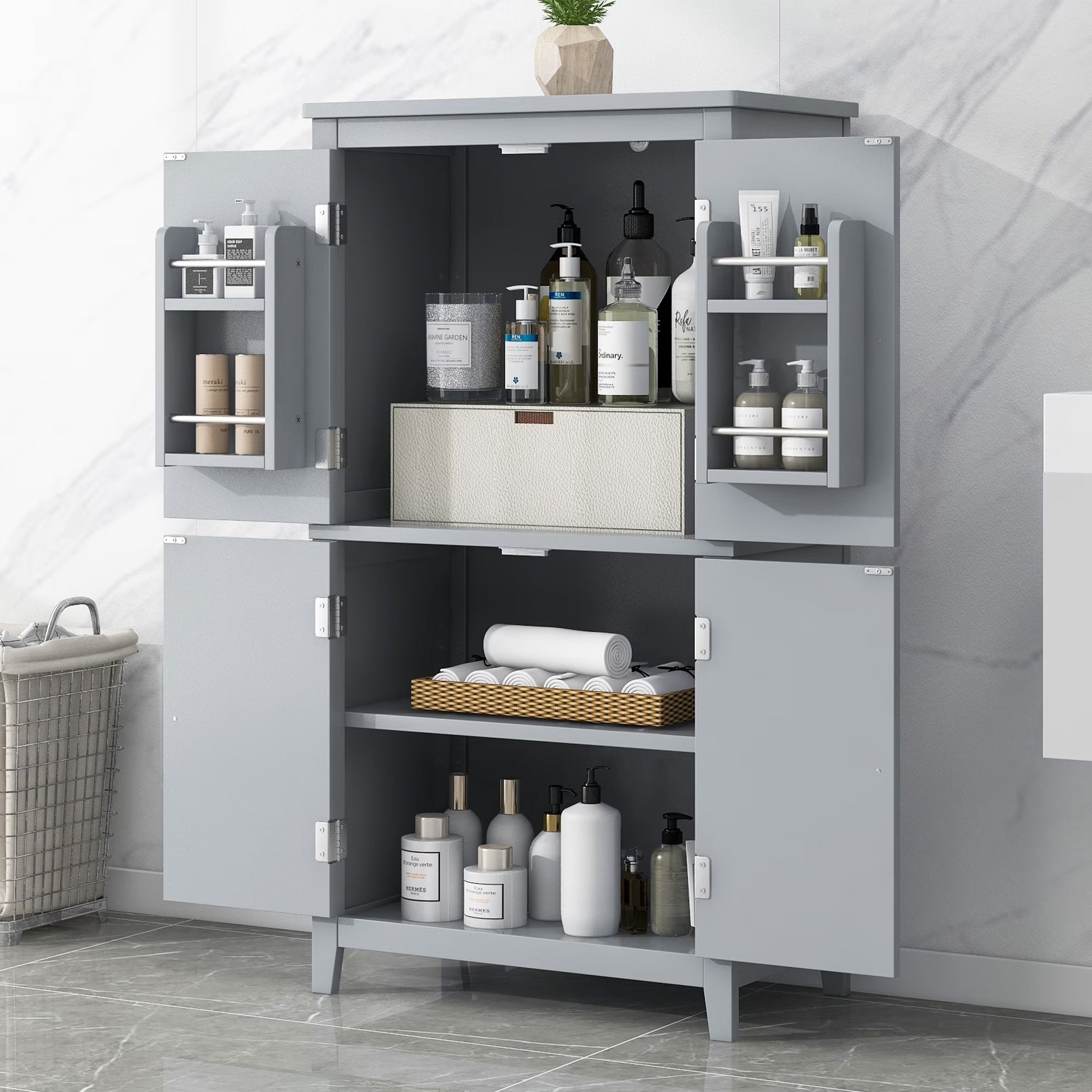 Bellemave Bathroom Floor Storage Cabinet with 4 Doors and Adjustable Shelf Freestanding Cabinet Multifunctional Small Storage Organizer for Living Room 23.6�?x 11.8�?x 43.3�?(White, 4 Doors)
