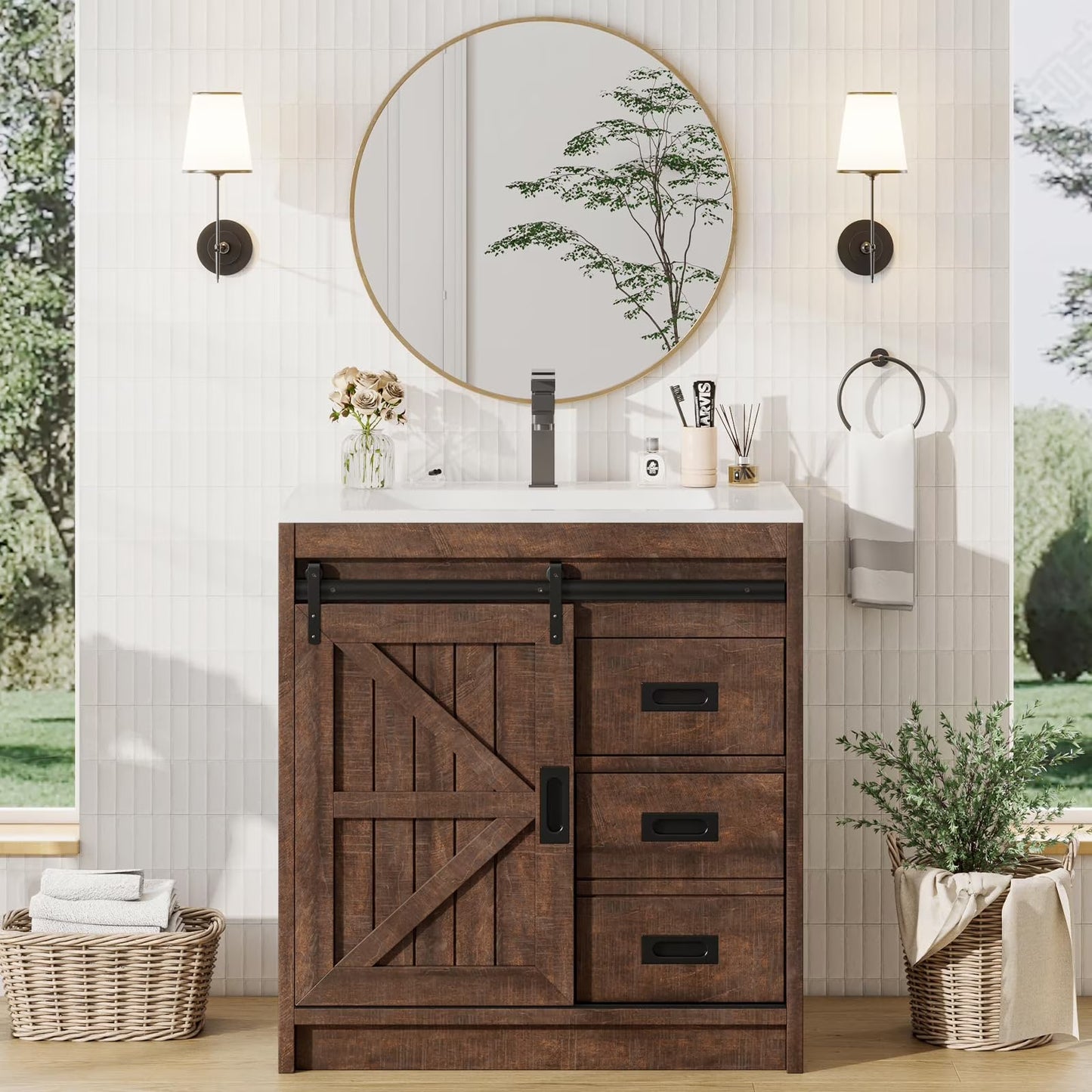 VANACC 31" Farmhouse Sliding Barn Door Bathroom Vanity with Sink Combo, Bathroom Cabinet with Drawers & Metal Handles, Freestanding, Distressed White