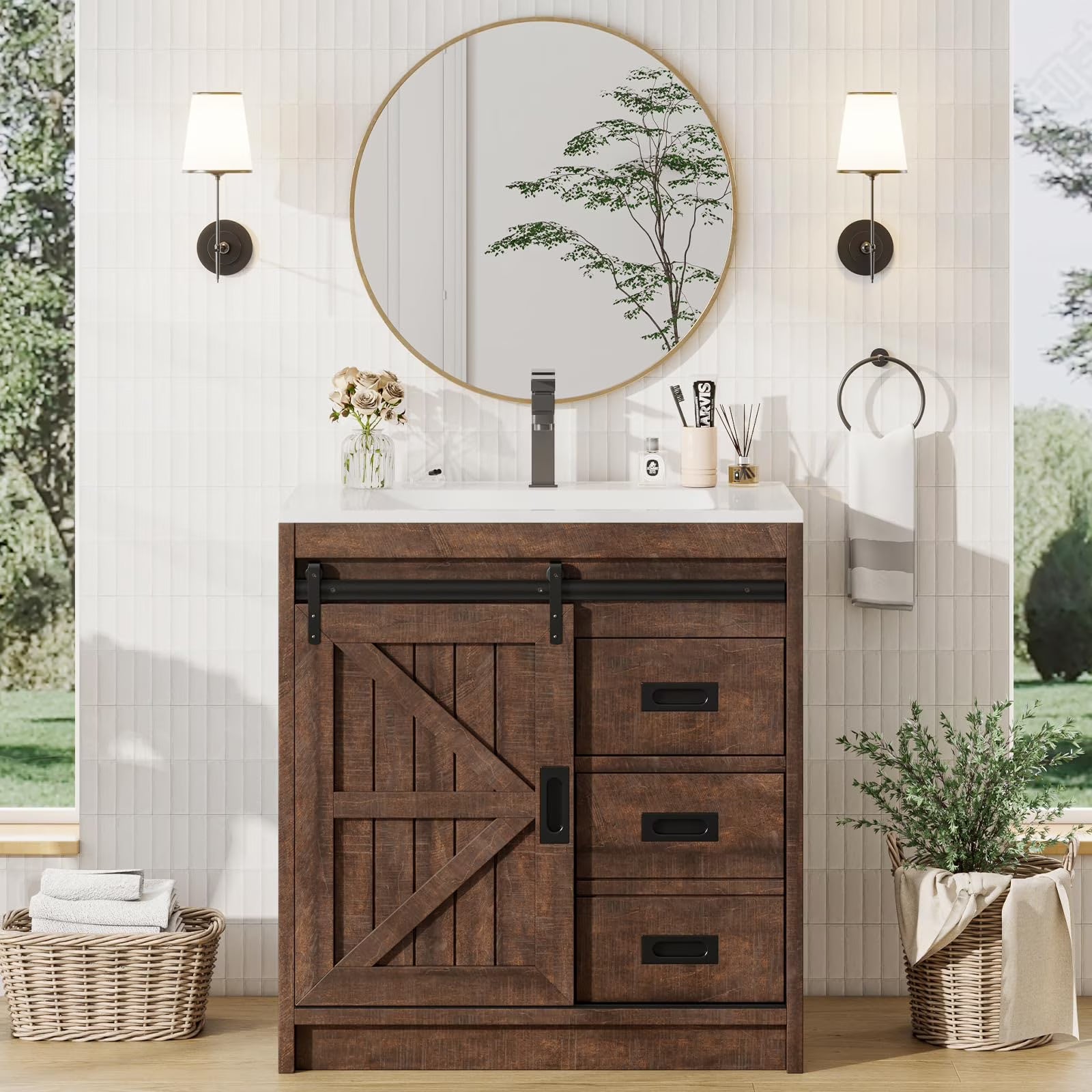 VANACC 31" Farmhouse Sliding Barn Door Bathroom Vanity with Sink Combo, Bathroom Cabinet with Drawers & Metal Handles, Freestanding, Distressed White