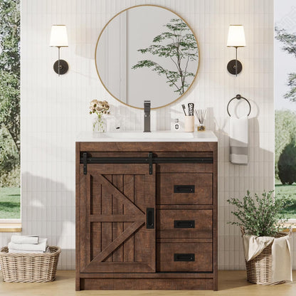 VANACC 31" Farmhouse Sliding Barn Door Bathroom Vanity with Sink Combo, Bathroom Cabinet with Drawers & Metal Handles, Freestanding, Distressed White