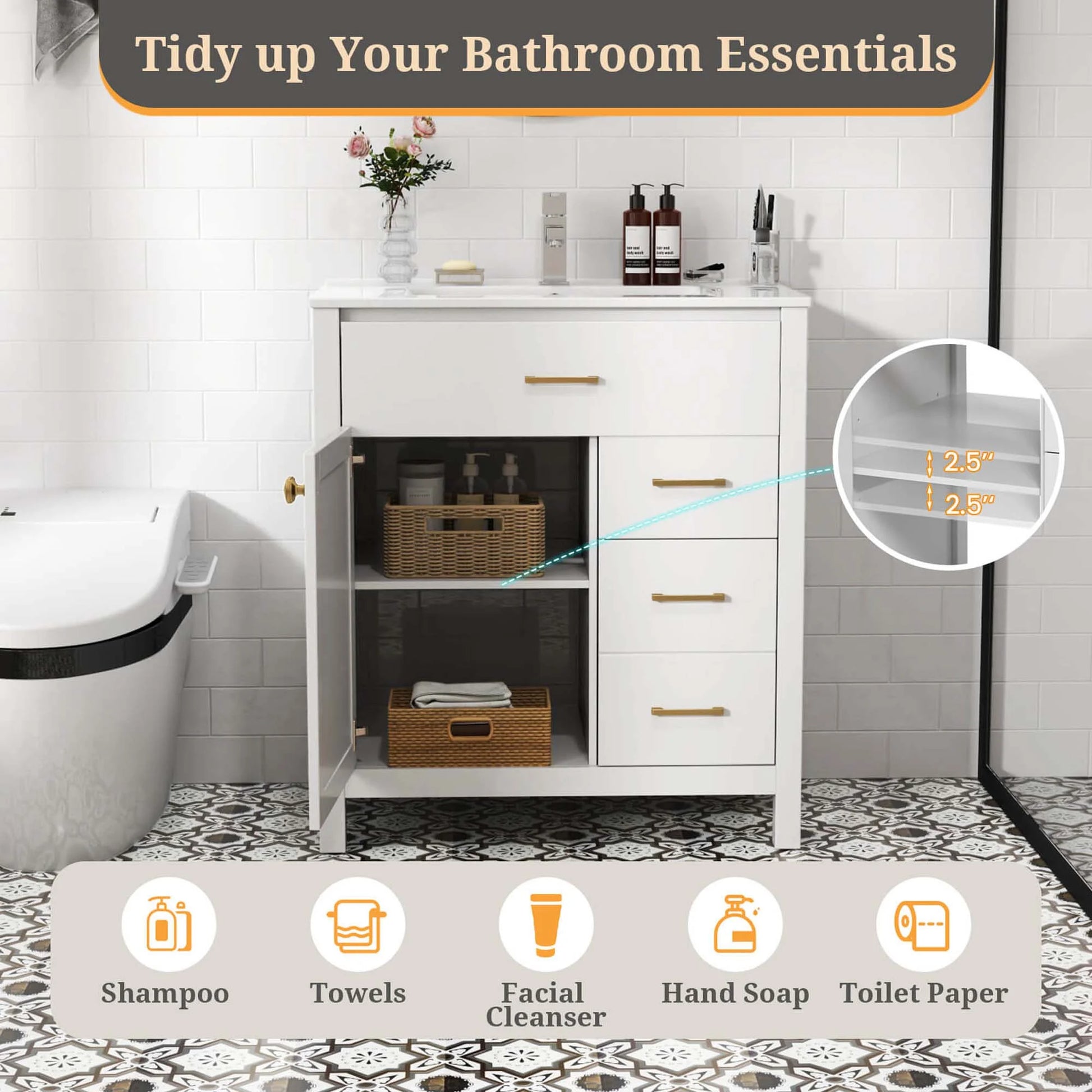 Costway 30" Bathroom Vanity with Sink 2 Drawers 1 Door 1 Flip-out Drawer Solid Wood Legs