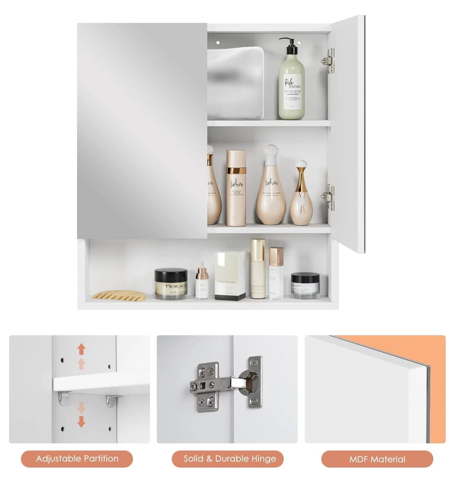 Bathroom Wall Cabinet Medicine Cabinet, Wall Mounted Bathroom Mirror with Storage Mirror Cabinet with 2 Doors and Adjustable Shelf, Laundry Living Room, White