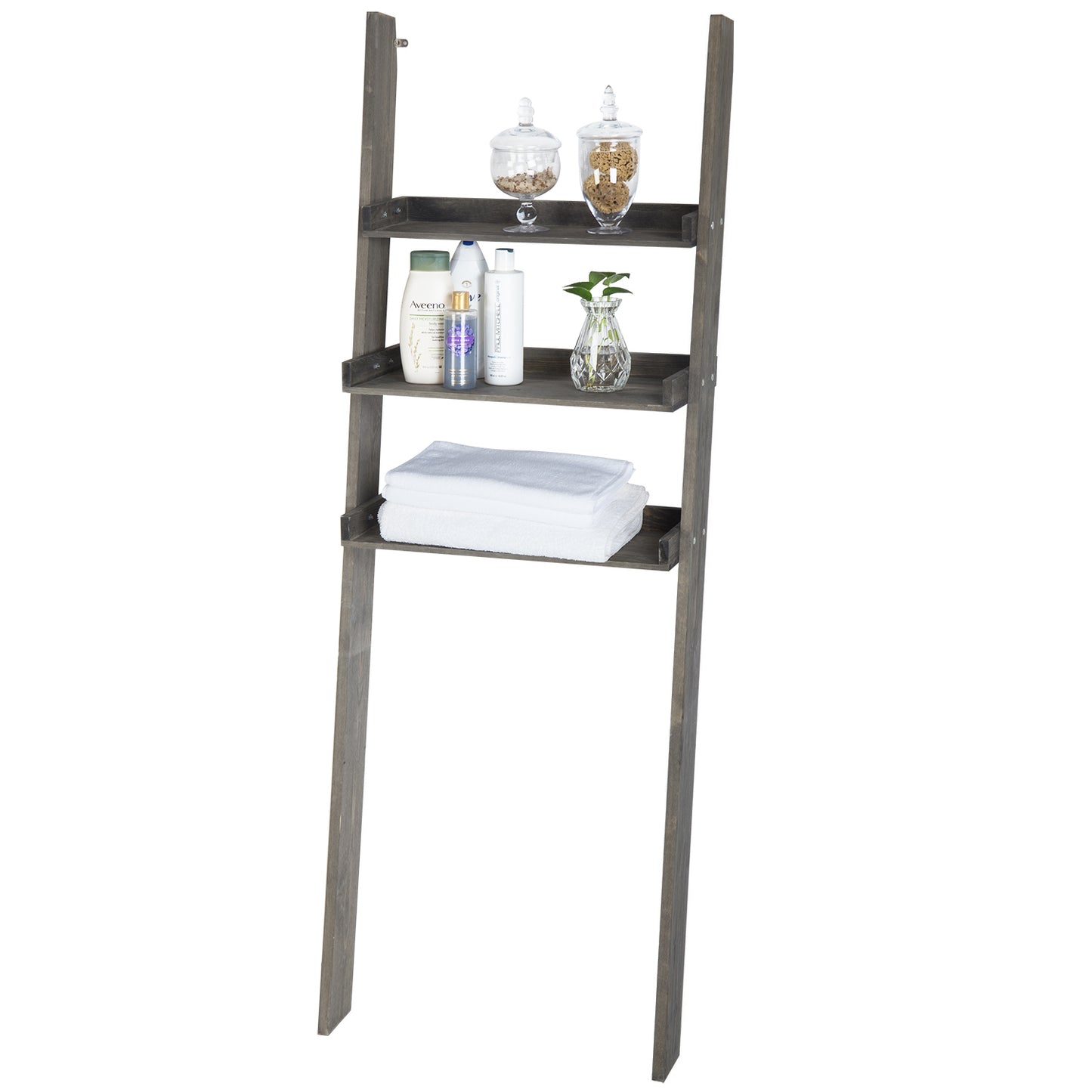 MyGift Wood Over-The-Toilet Leaning Bathroom Ladder Shelf, Gray 3-Tier