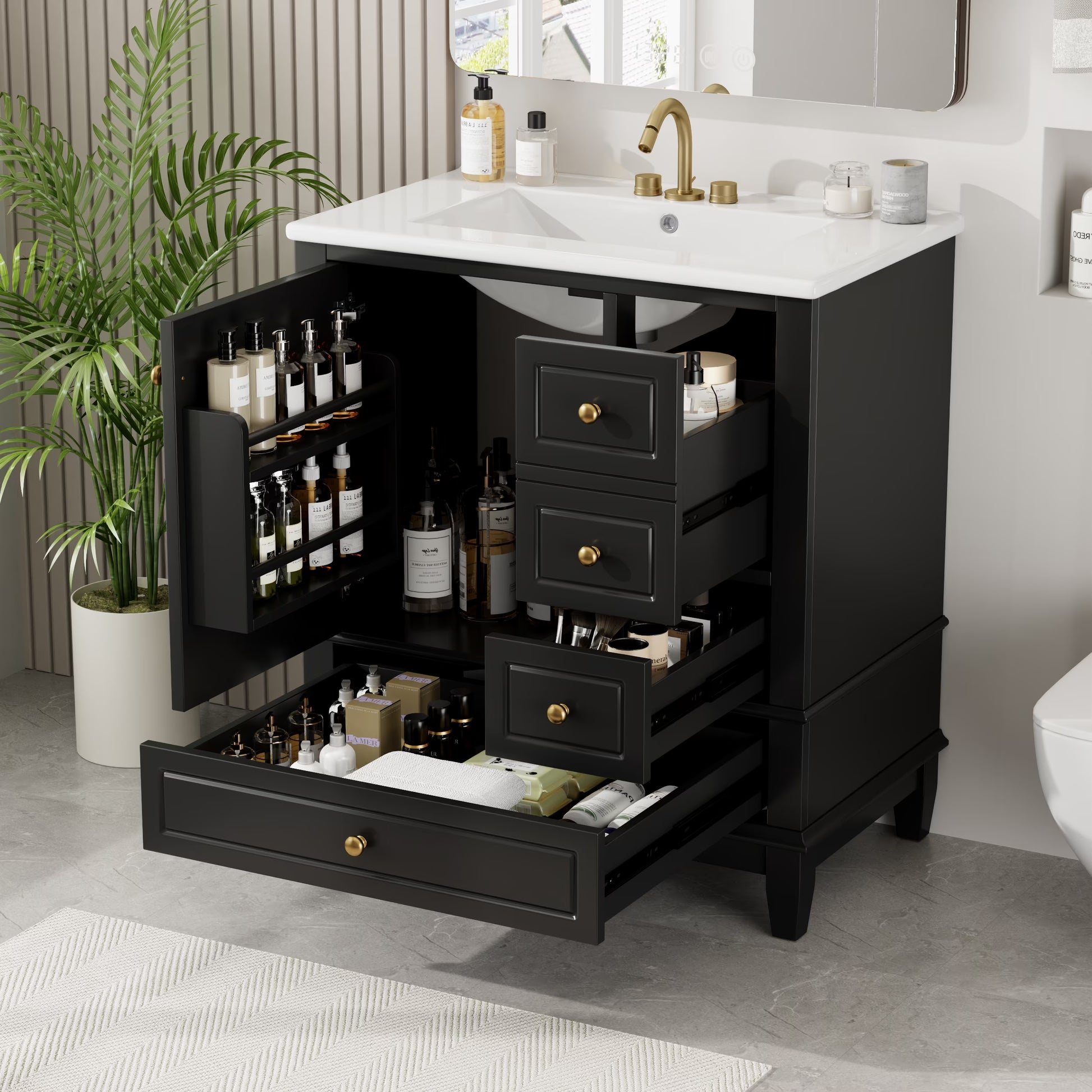 Euroco 30" Bathroom Vanity with Sink, One Door with Shelf and Three Drawers, Soft Close Door