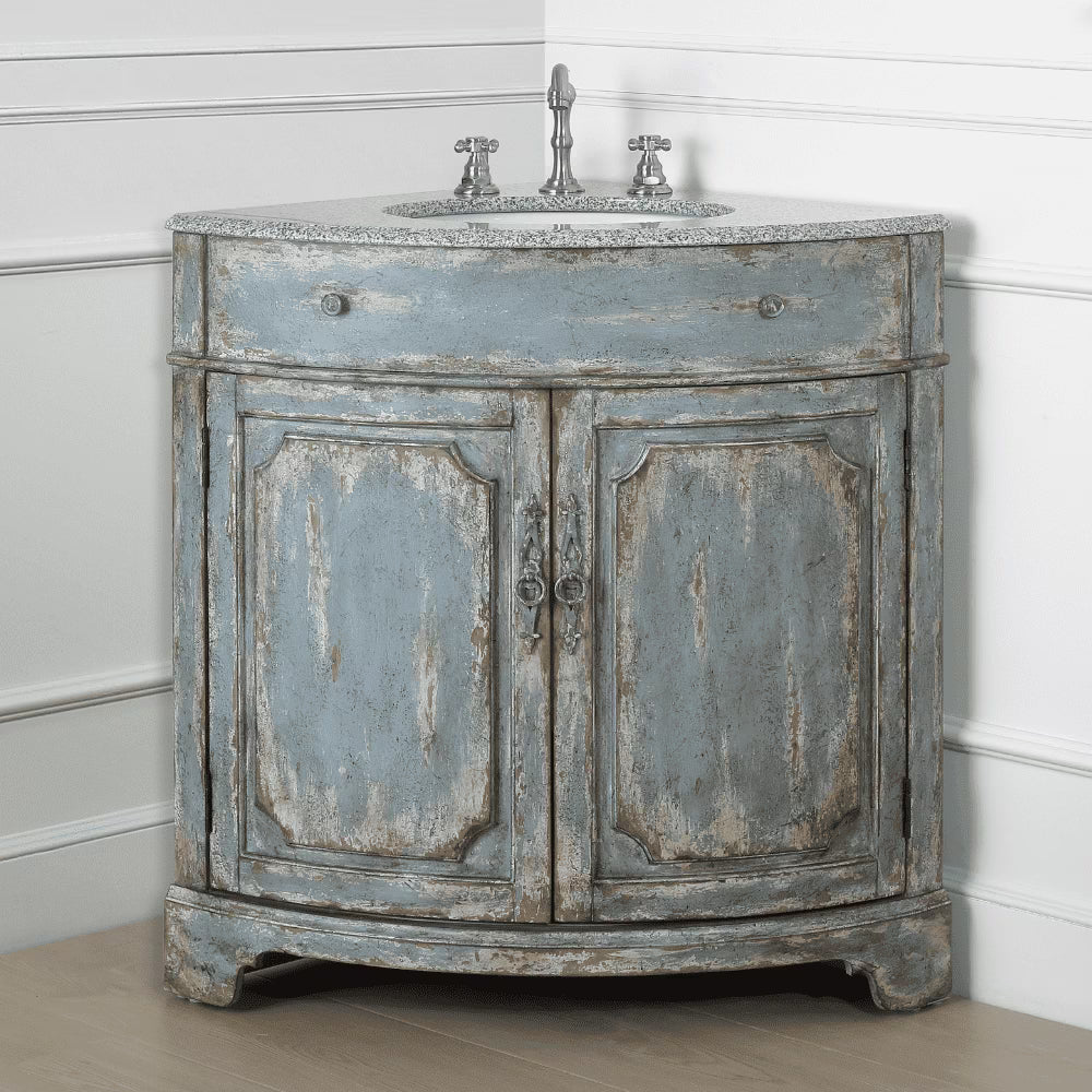 Benton Collection 24" Distressed Gray Corner Bathroom Vanity with White Quartz Top