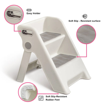 UNCLE WU Folding 2 Step Stool for Kids -Potty Training Stool for Kitchen Helper,Bathroom,Bedroom (White)