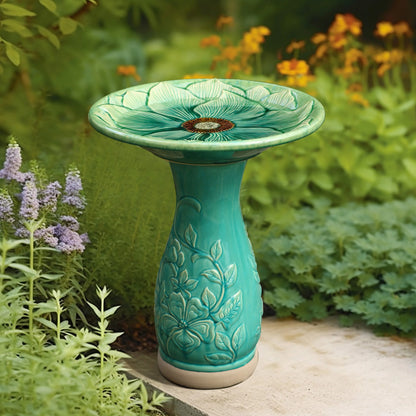 LuxenHome 23 Inch Ceramic Bird Bath for Outside, Elegant Tall Outdoor BirdBath with Floral Embossed Design