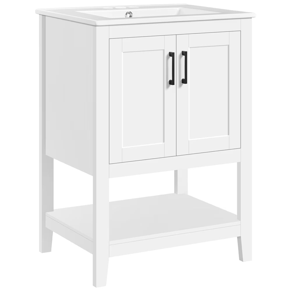 Alden Design 34" Wooden Bathroom Cabinet Vanity with Ceramic Vessel Sink, White