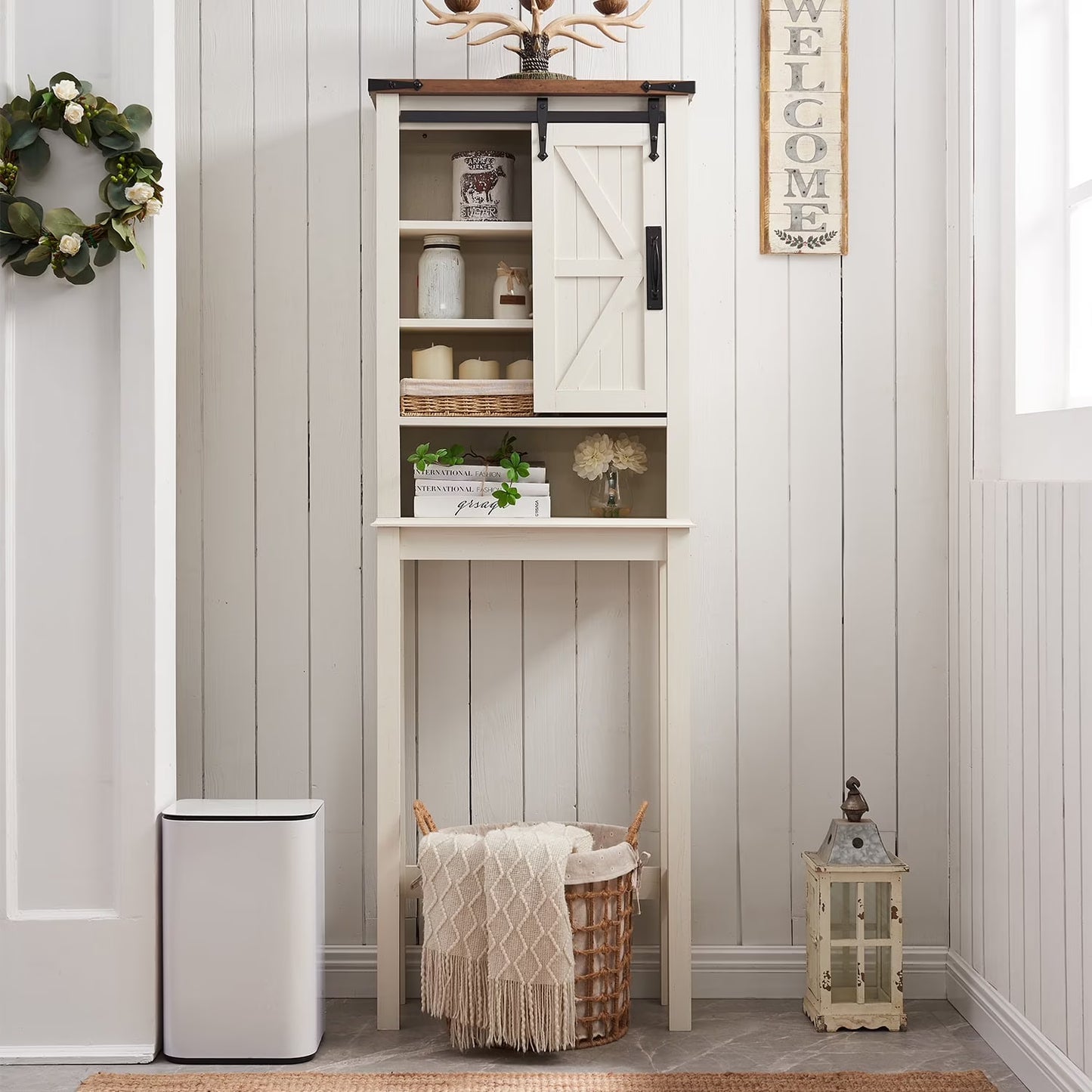OKD Farmhouse Over The Toilet Bathroom Organizer, Freestanding Storage Cabinet with Sliding Barn Door, Bathroom Space Saver Toilet Stands(Antique White)