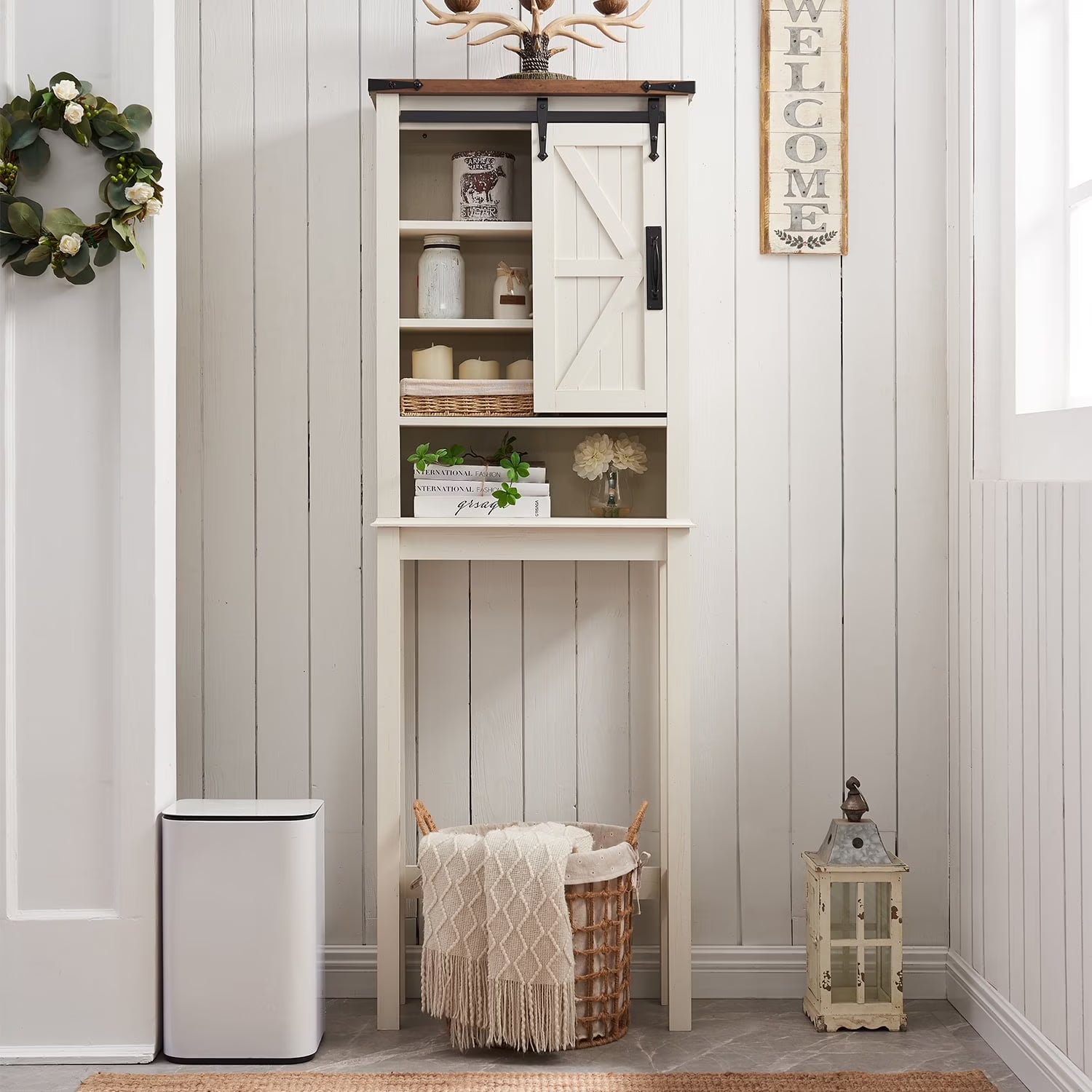 OKD Farmhouse Over The Toilet Bathroom Organizer, Freestanding Storage Cabinet with Sliding Barn Door, Bathroom Space Saver Toilet Stands(Antique White)