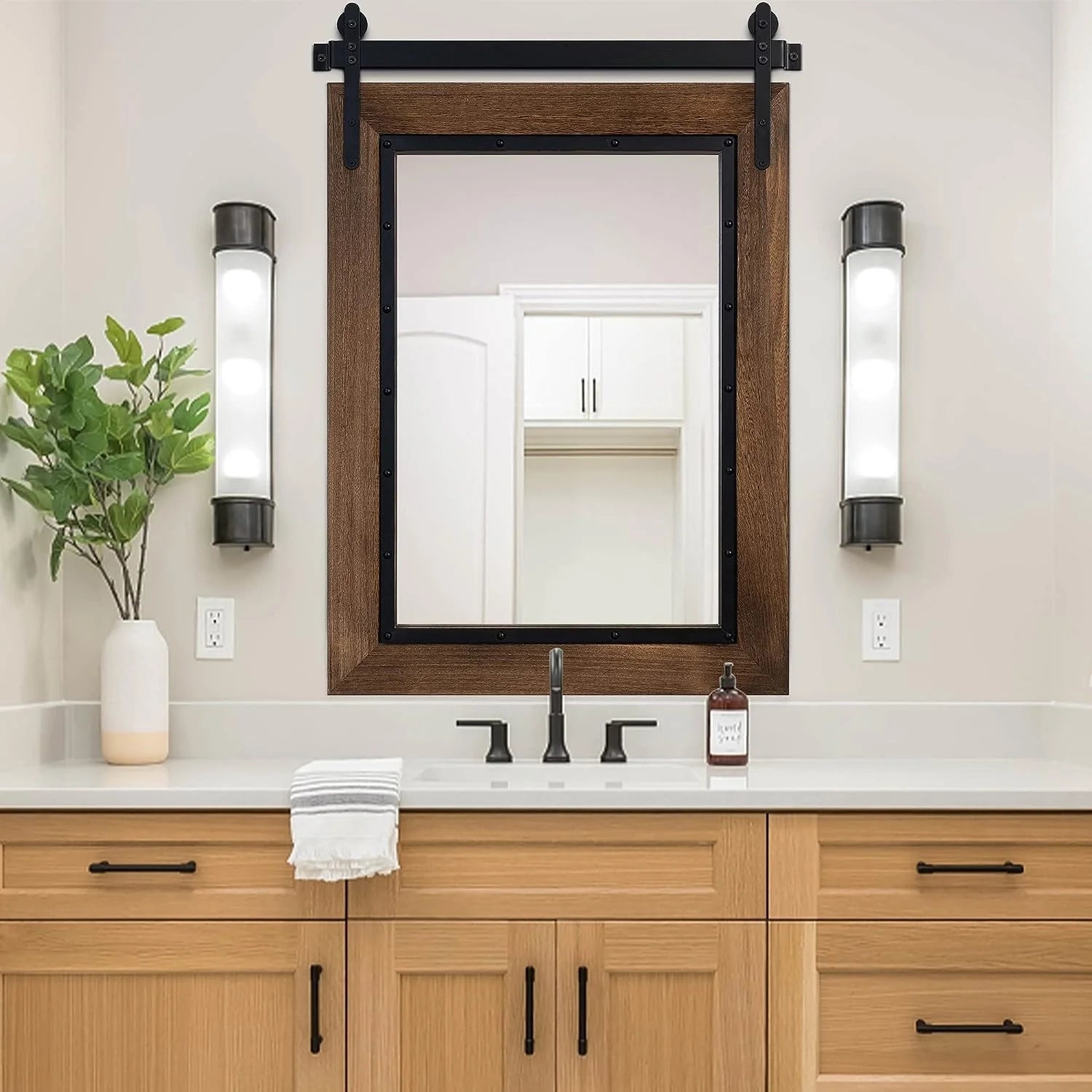 COSMOGO Farmhouse Barn Door Style Natural Wood Bathroom Vanity Wall Mirror 24"x32"